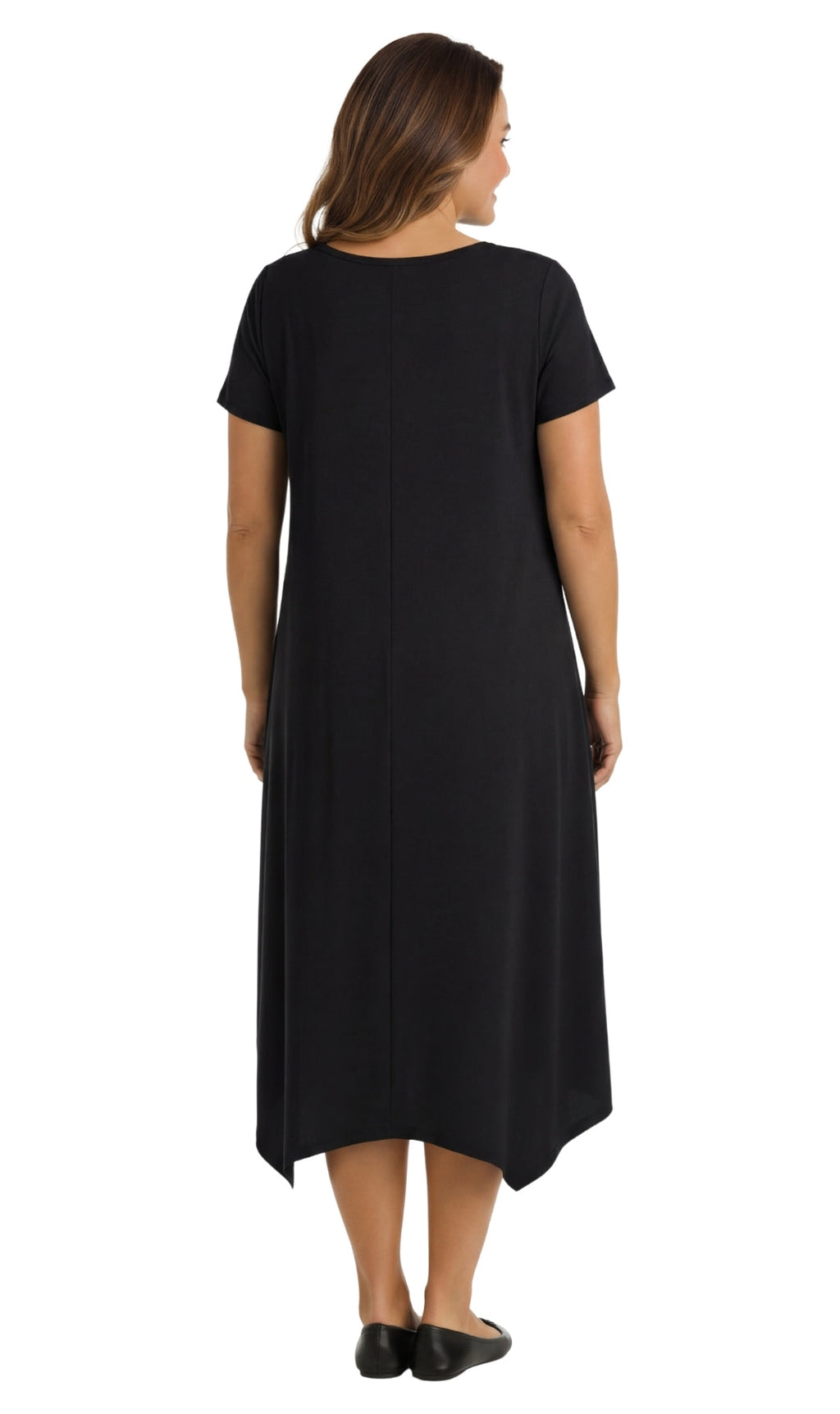 Women's Scoop Neck A-Line Dress with Short Sleeves and Asymmetrical Hem TURTLE BAY APPAREL