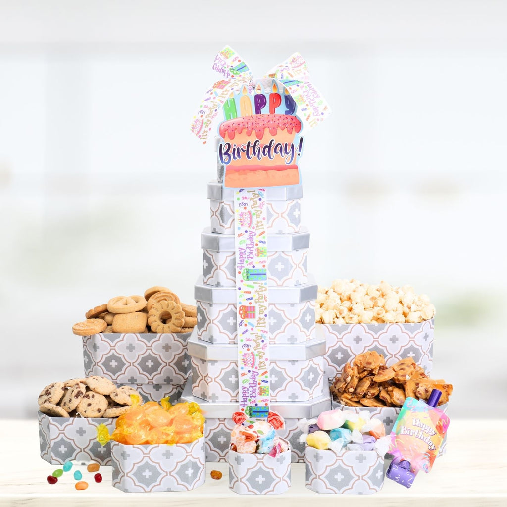 Happy Birthday Gift Tower of Treats Alder Creek Gift Baskets