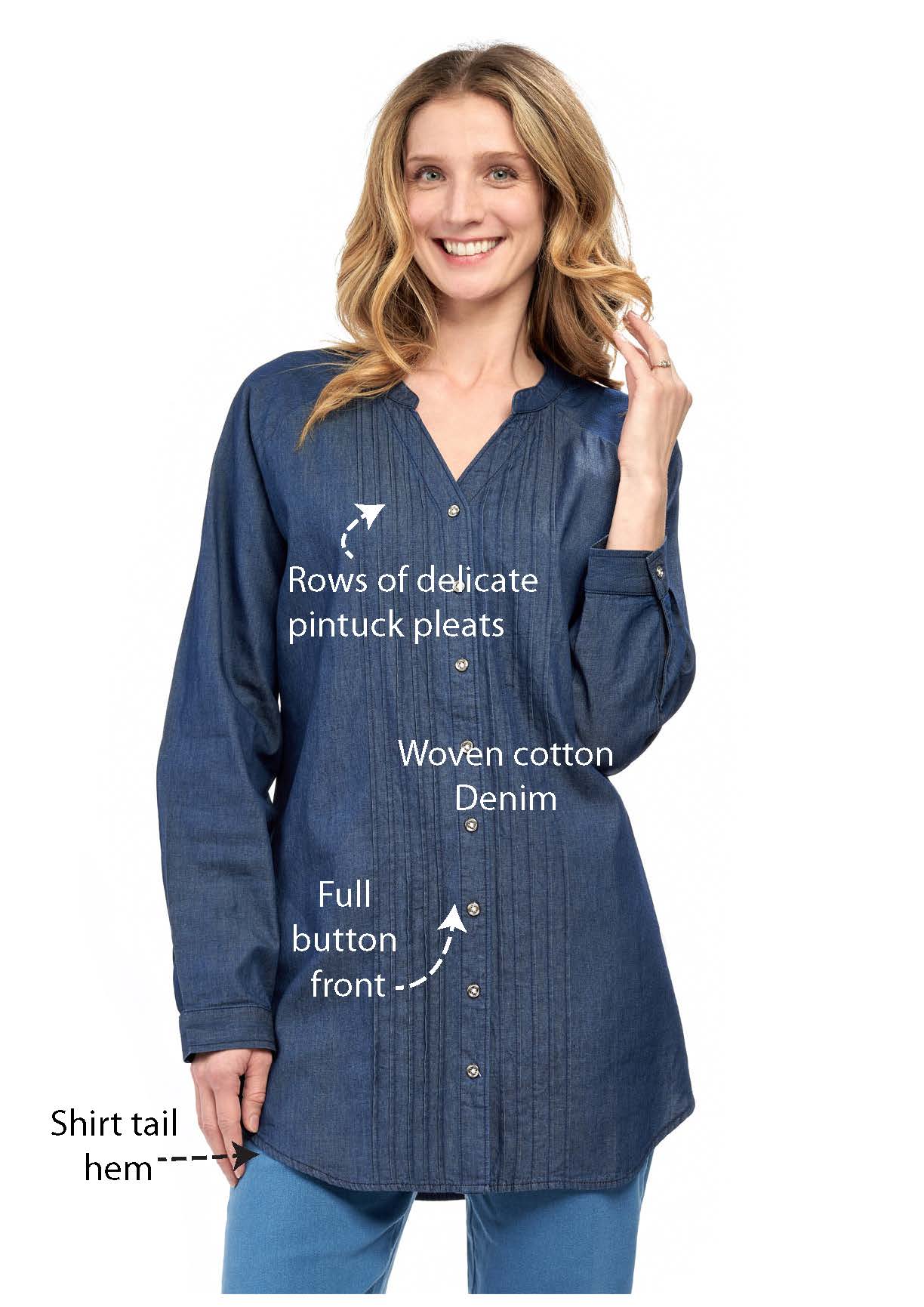Women's Denim Pintuck Button-Front Tunic Top TURTLE BAY APPAREL