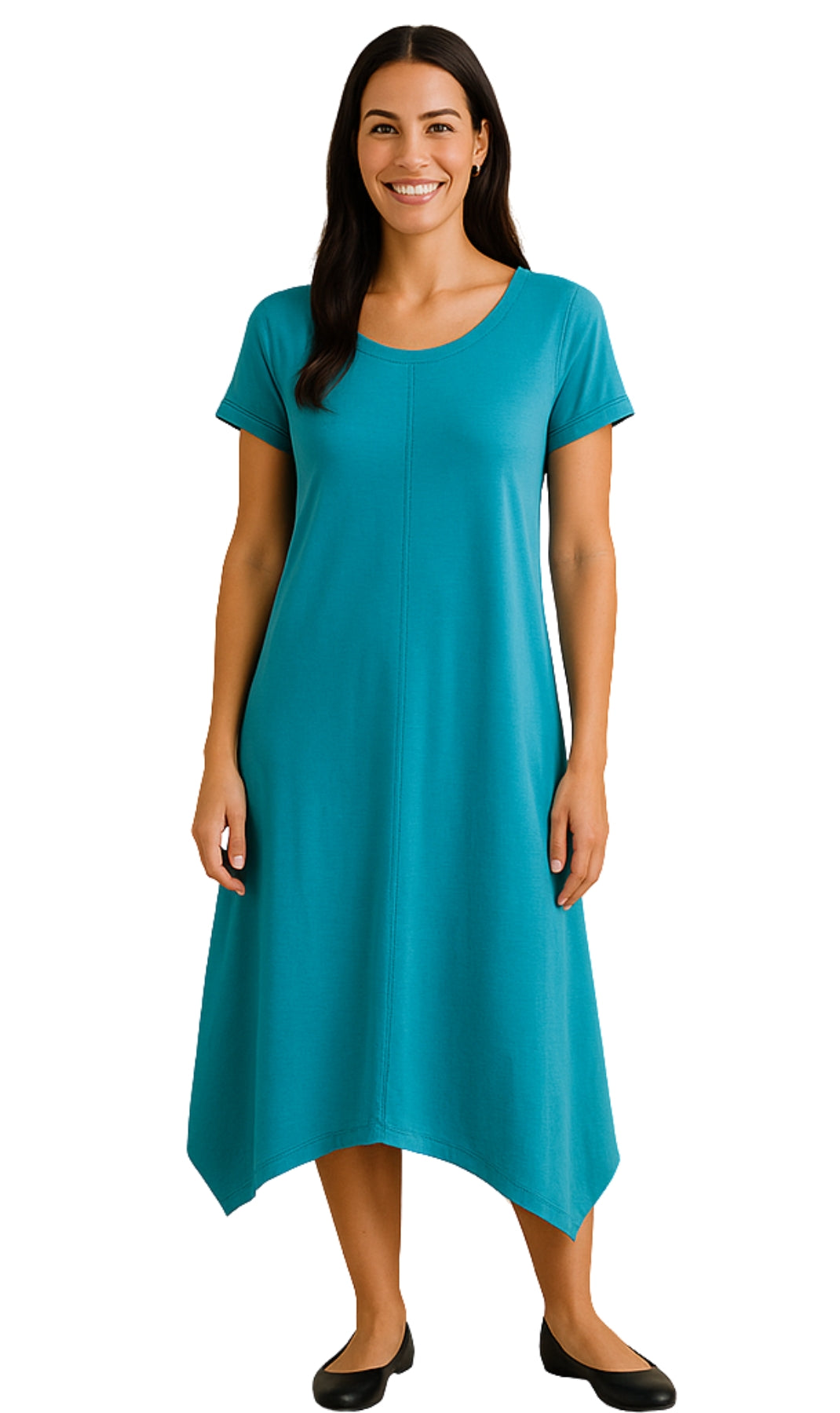 Women's Scoop Neck A-Line Dress with Short Sleeves and Asymmetrical Hem TURTLE BAY APPAREL