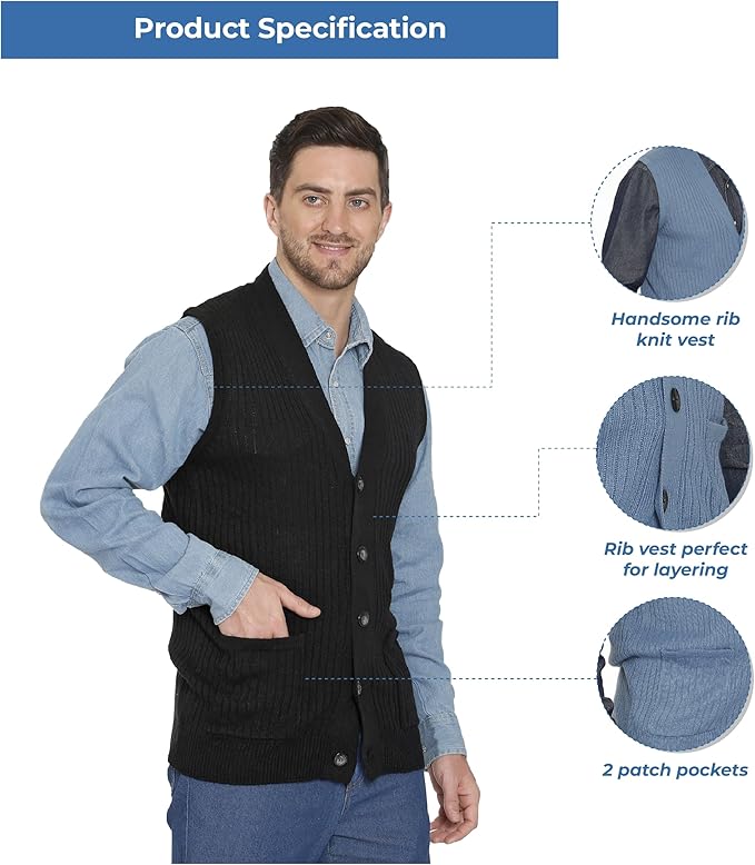 Men's Relaxed Fit Rib Knit Sweater Vest - Button Front with Pockets - Codex AI