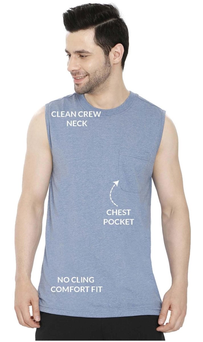 Men’s Sleeveless Crew Neck T-Shirt – Regular Fit, Heavier Cotton Blend Jersey with Chest Pocket - Codex AI