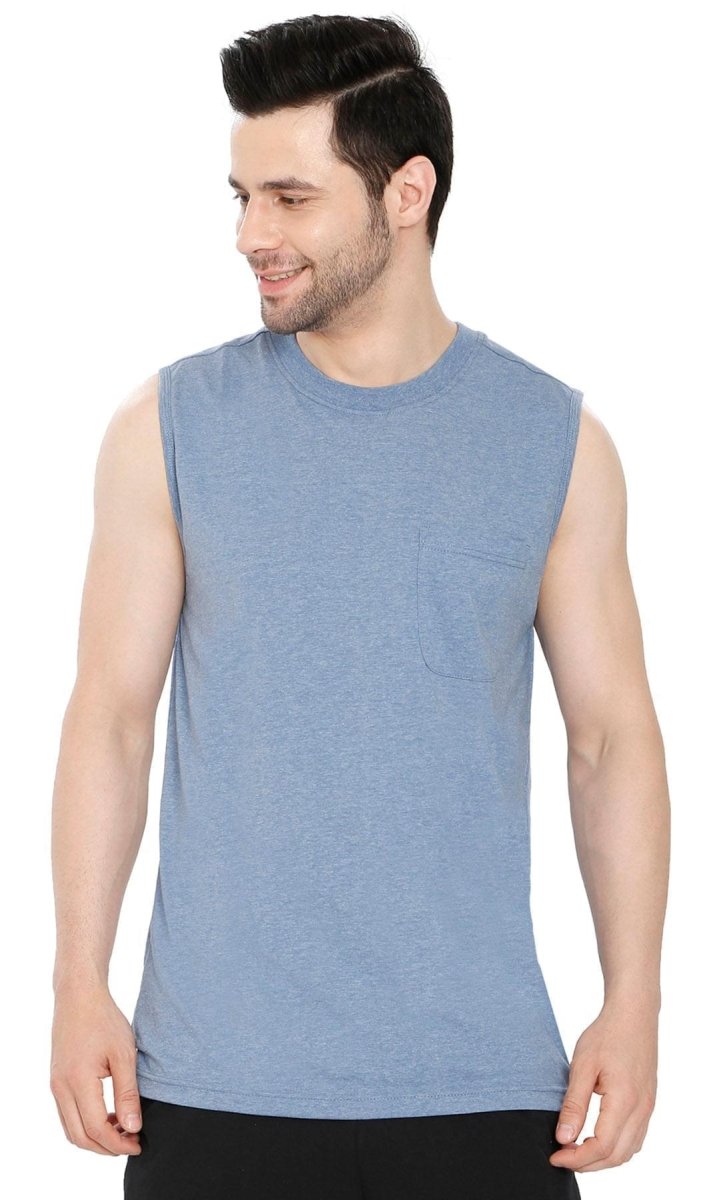 Men’s Sleeveless Crew Neck T-Shirt – Regular Fit, Heavier Cotton Blend Jersey with Chest Pocket - Codex AI