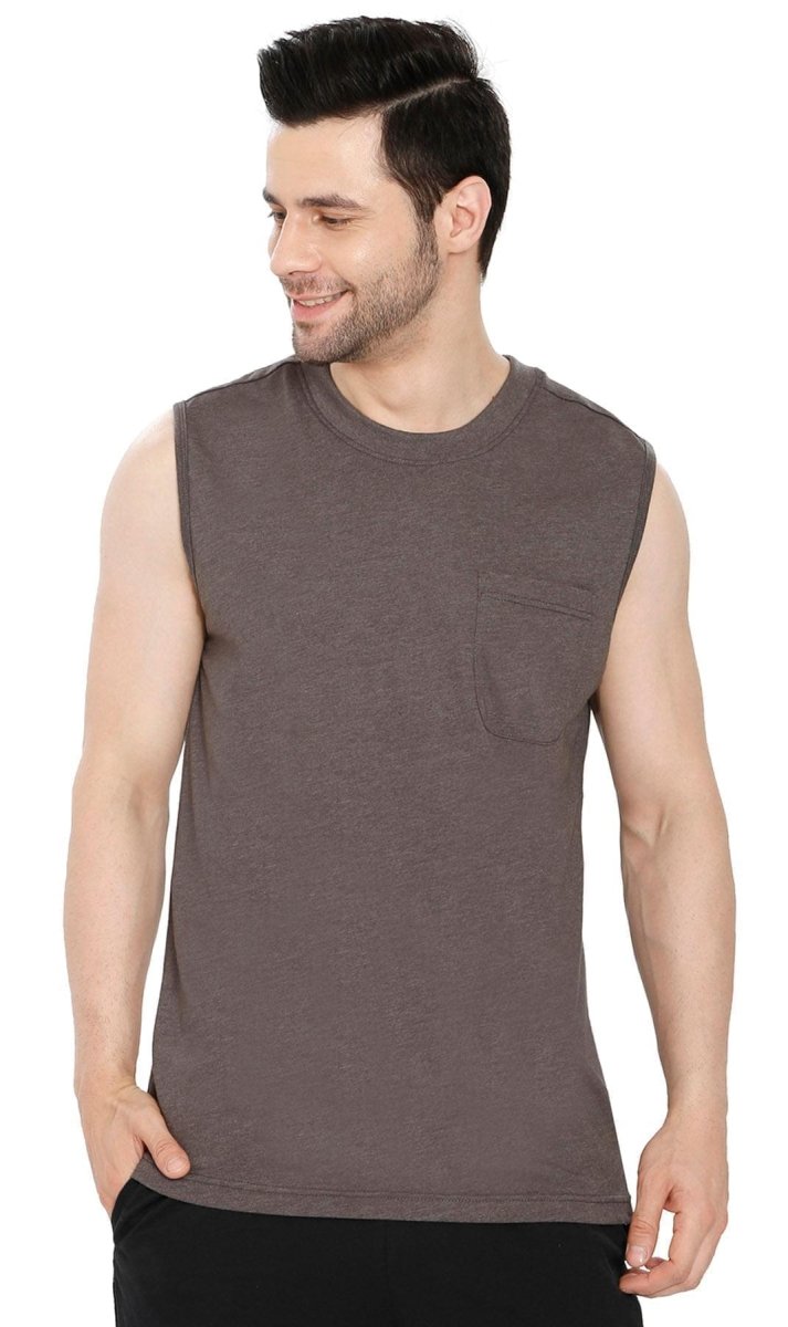 Men’s Sleeveless Crew Neck T-Shirt – Regular Fit, Heavier Cotton Blend Jersey with Chest Pocket - Codex AI