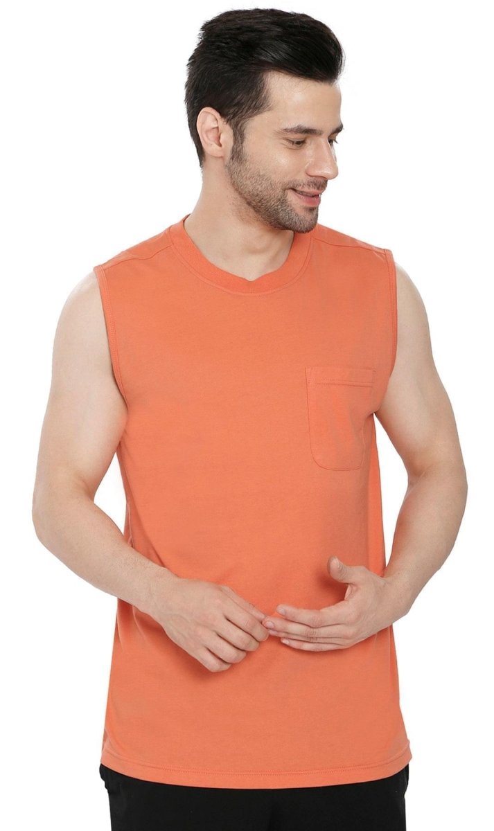 Men’s Sleeveless Crew Neck T-Shirt – Regular Fit, Heavier Cotton Blend Jersey with Chest Pocket - Codex AI
