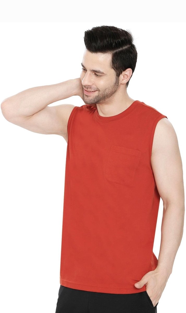 Men’s Sleeveless Crew Neck T-Shirt – Regular Fit, Heavier Cotton Blend Jersey with Chest Pocket - Codex AI