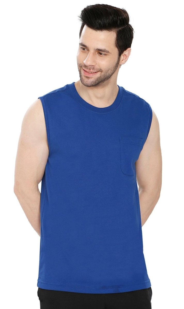 Men’s Sleeveless Crew Neck T-Shirt – Regular Fit, Heavier Cotton Blend Jersey with Chest Pocket - Codex AI