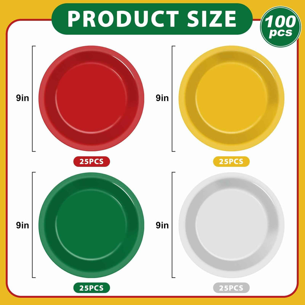 100Pcs Christmas Paper Plates 9" Red Green Disposable Party Tableware