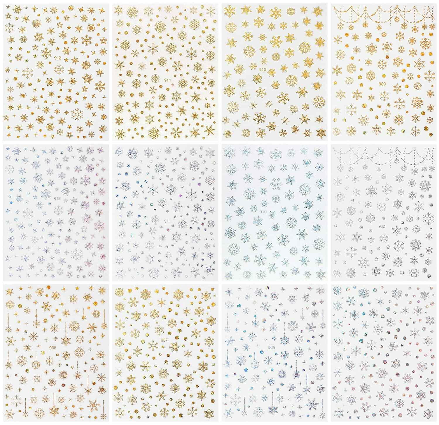 12 Sheets 3D Snowflake Nail Art Stickers Holographic Laser Gold Silver Xmas