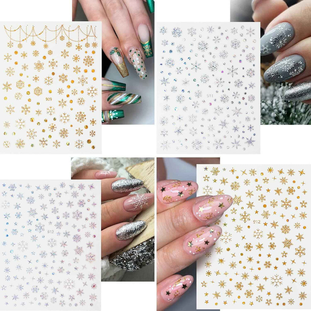 12 Sheets 3D Snowflake Nail Art Stickers Holographic Laser Gold Silver Xmas