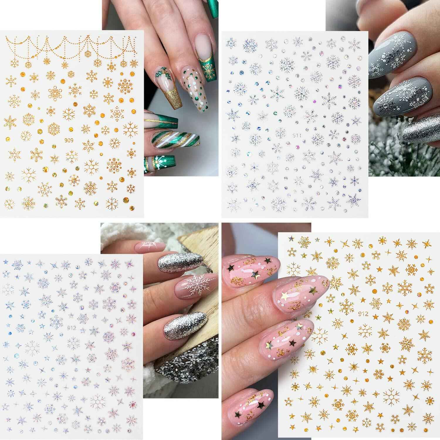 12 Sheets 3D Snowflake Nail Art Stickers Holographic Laser Gold Silver Xmas