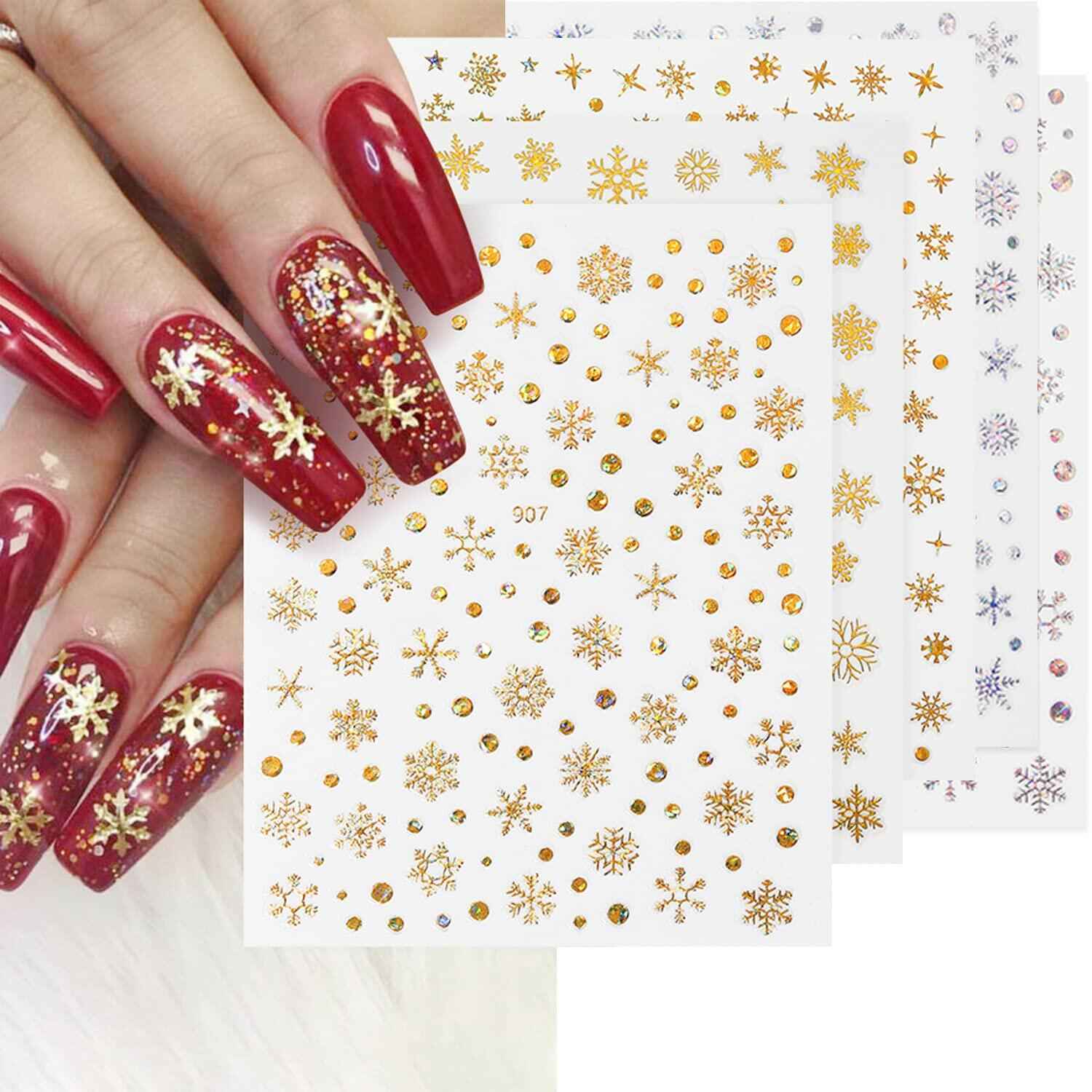12 Sheets 3D Snowflake Nail Art Stickers Holographic Laser Gold Silver Xmas