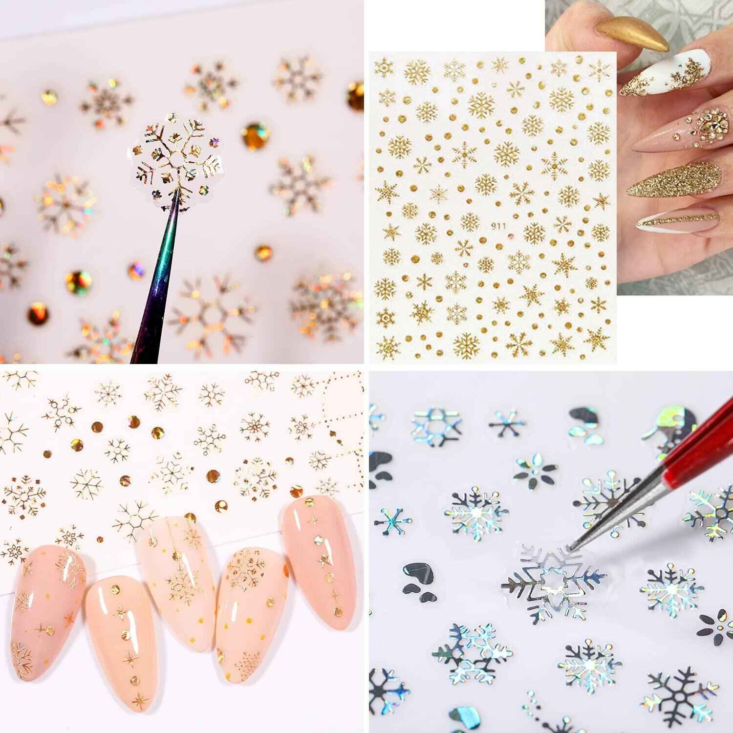 12 Sheets 3D Snowflake Nail Art Stickers Holographic Laser Gold Silver Xmas
