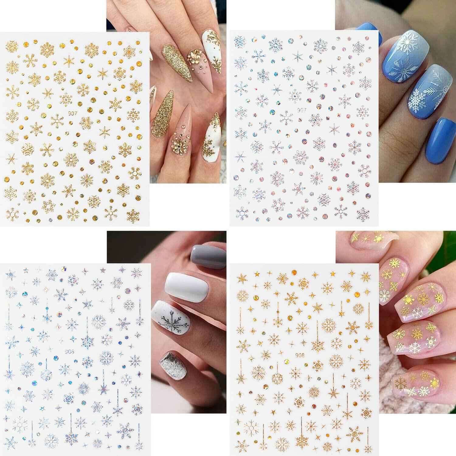 12 Sheets 3D Snowflake Nail Art Stickers Holographic Laser Gold Silver Xmas