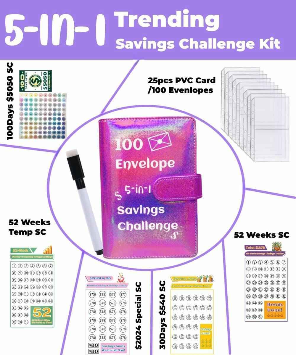 100 Envelope Challenge Binder 5-in-1 Budget Planner Shining Silver