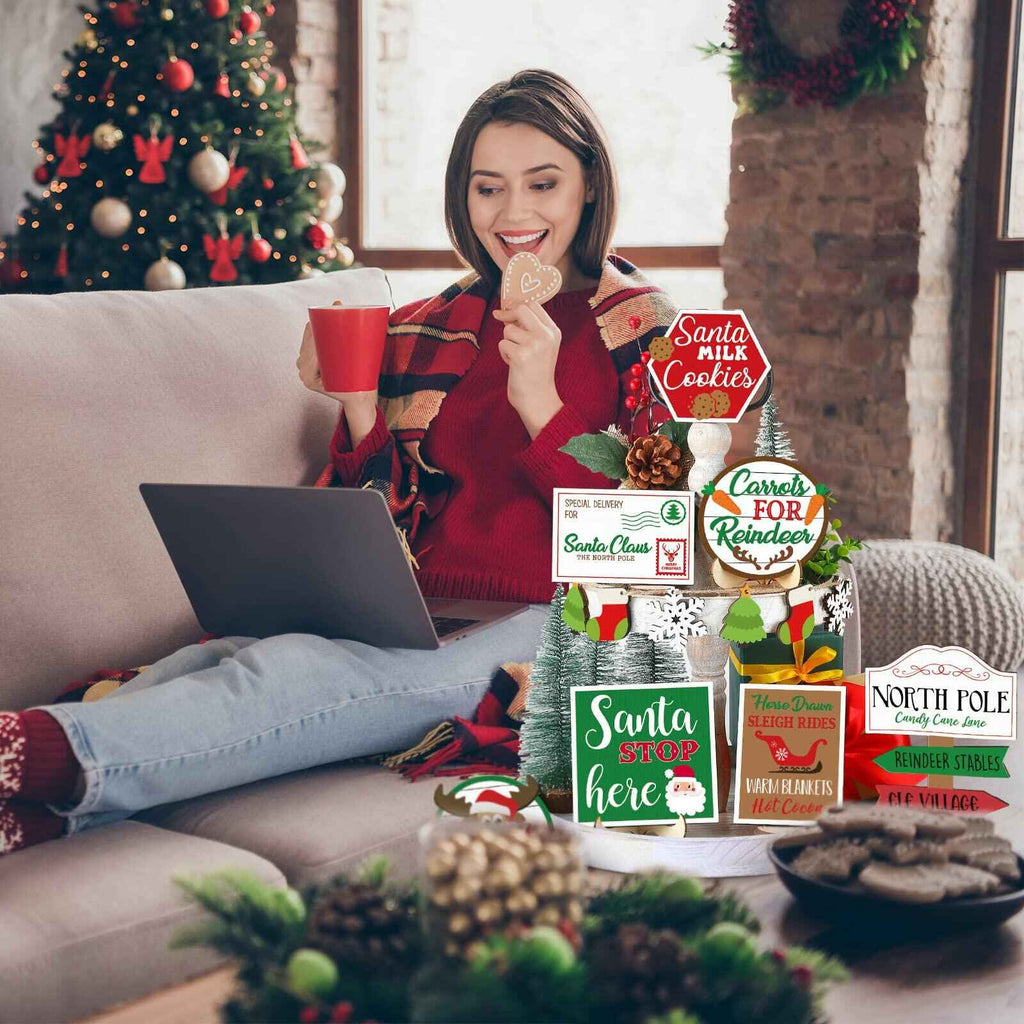 13 Pc Winter Tiered Tray Decor Elk Sled Tree Snowflake Wood Blocks