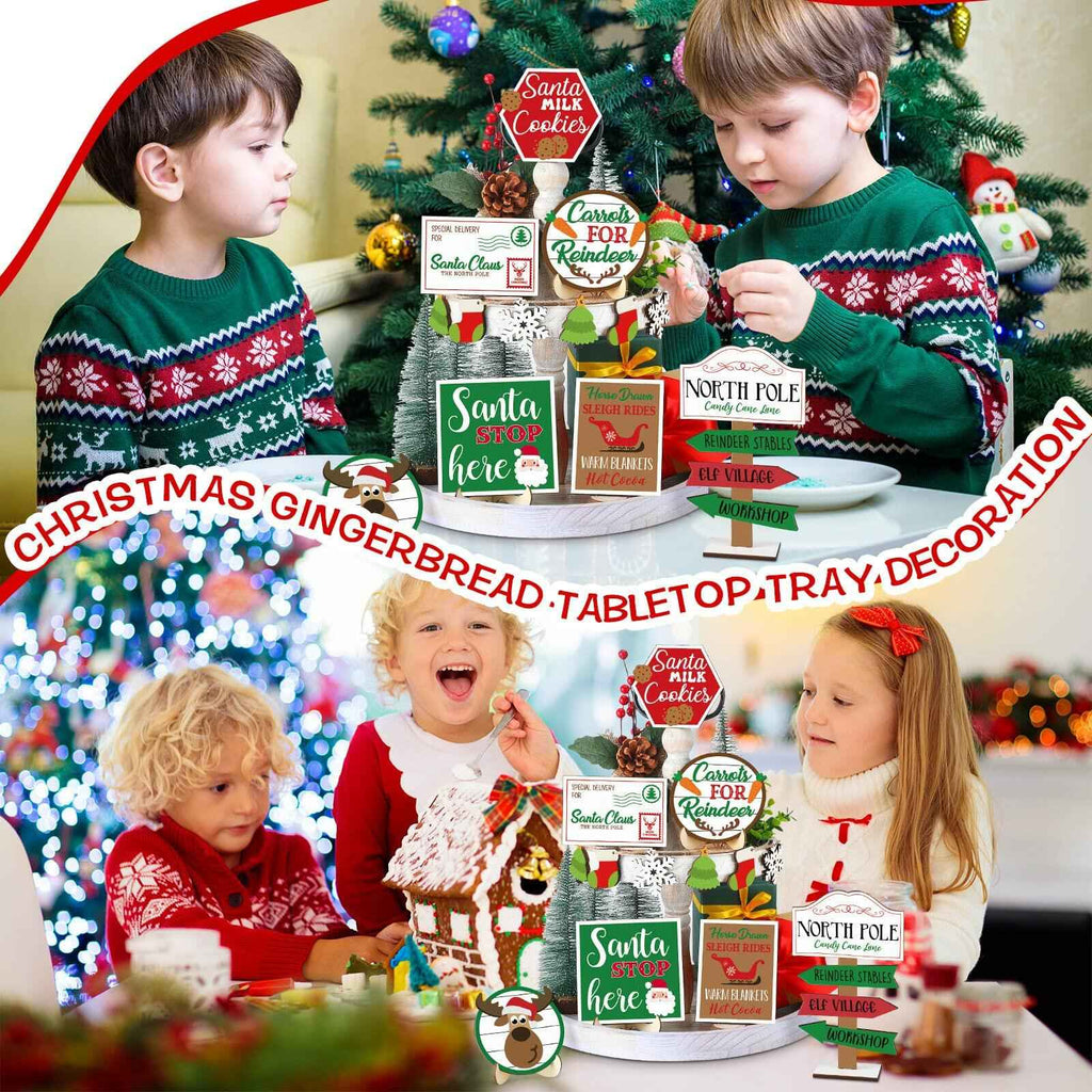 13 Pc Winter Tiered Tray Decor Elk Sled Tree Snowflake Wood Blocks