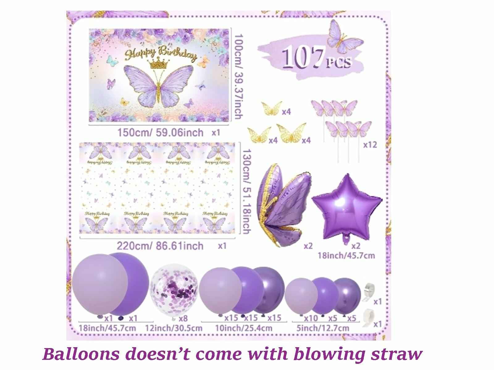 107 Pcs Purple Butterfly Birthday Decoration Set Indoor Outdoor Party