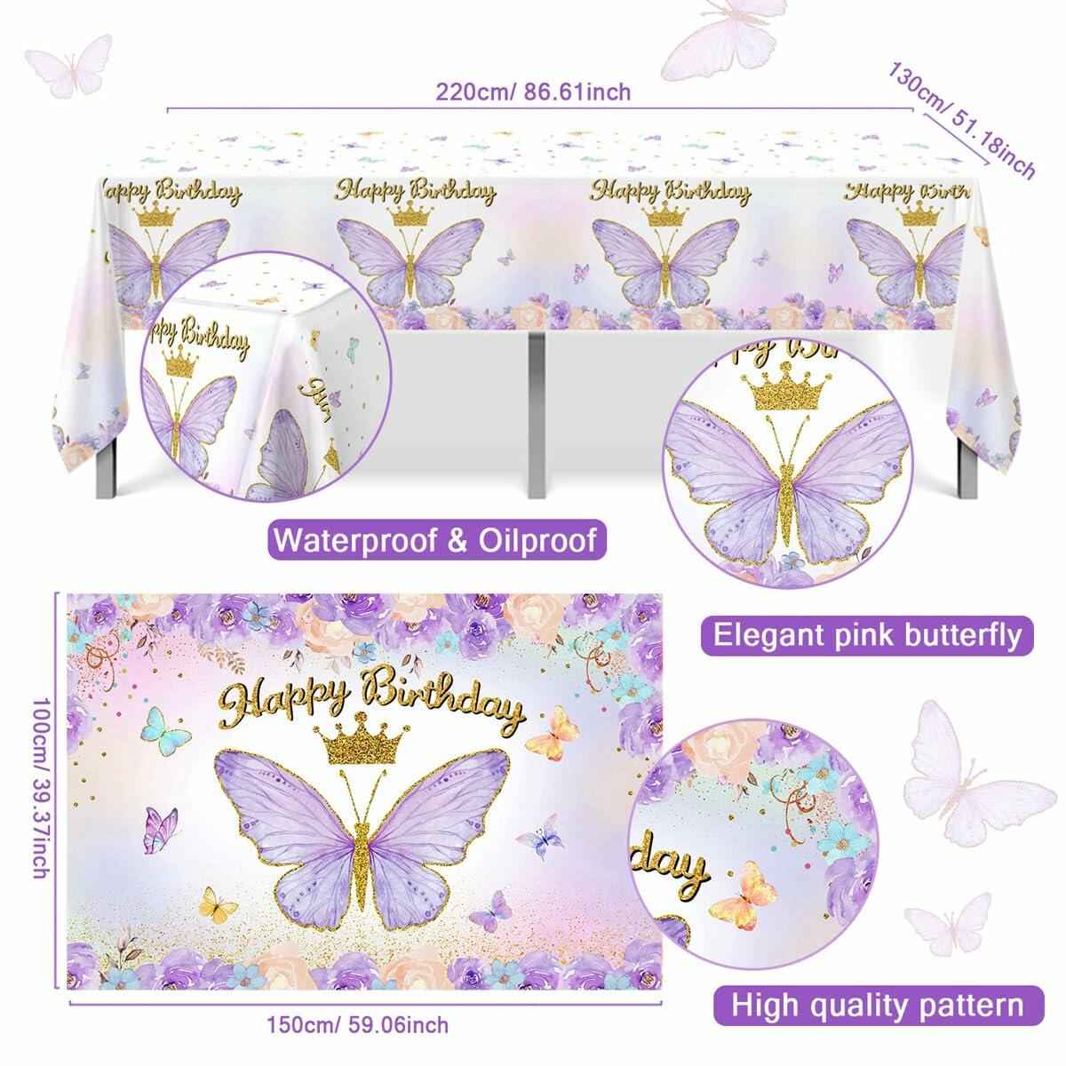 107 Pcs Purple Butterfly Birthday Decoration Set Indoor Outdoor Party