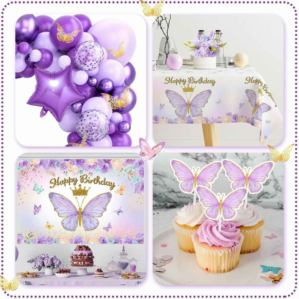 107 Pcs Purple Butterfly Birthday Decoration Set Indoor Outdoor Party