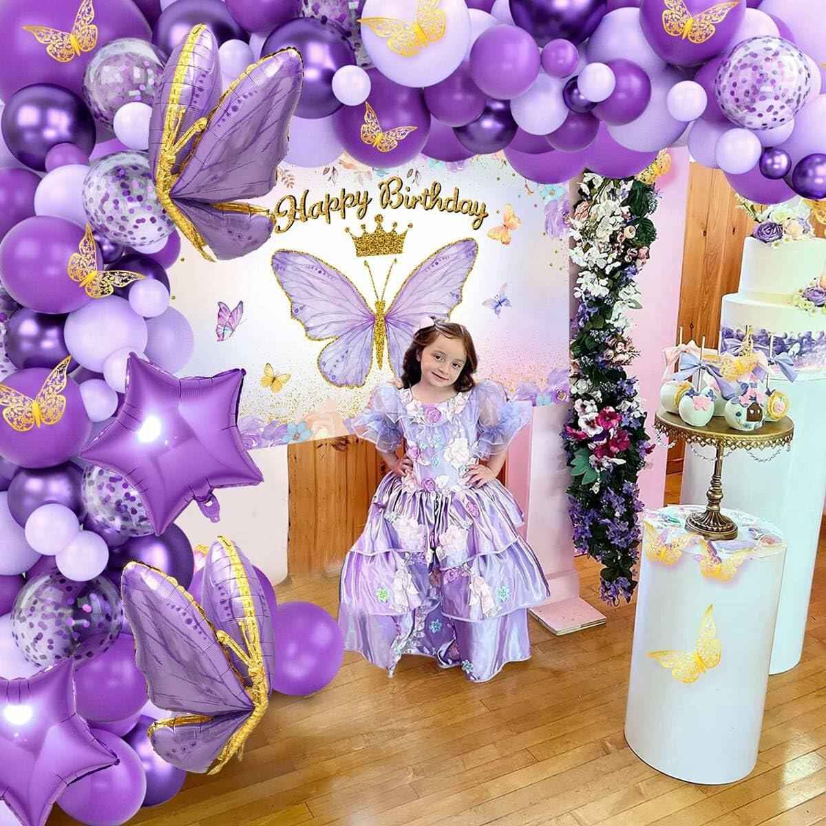 107 Pcs Purple Butterfly Birthday Decoration Set Indoor Outdoor Party
