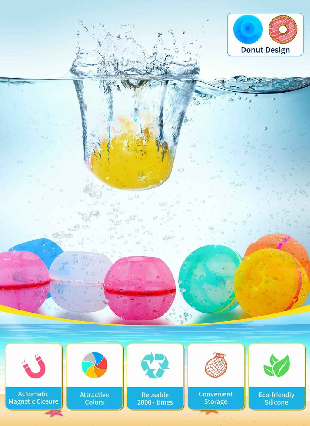 12 PCS Reusable Magnetic Water Balloons Silicone Donut Shape