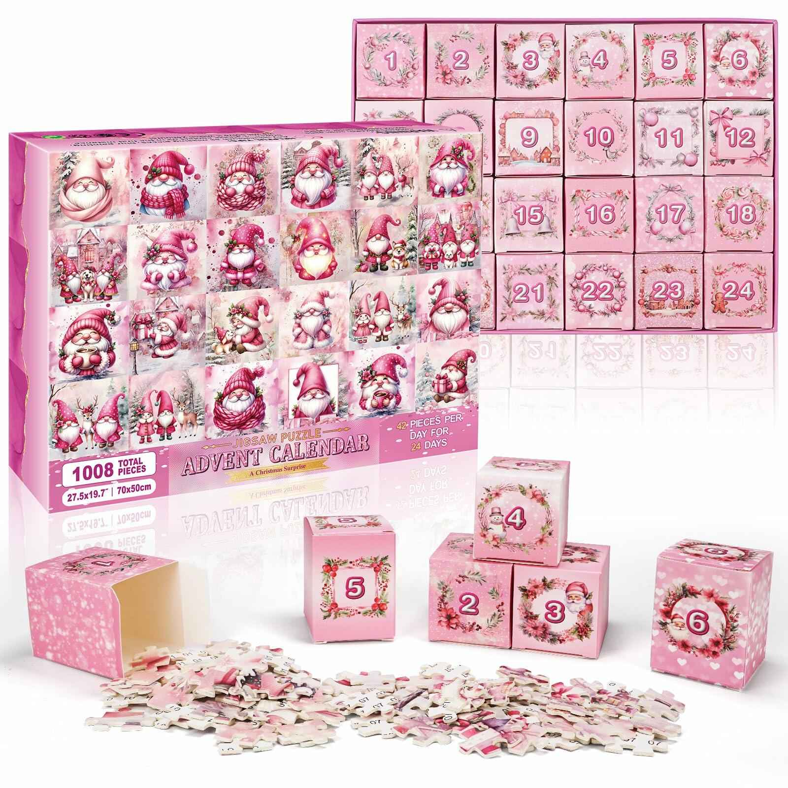 1008 Pc Pink Gnome Advent Calendar Puzzle 2025 24-Day Countdown