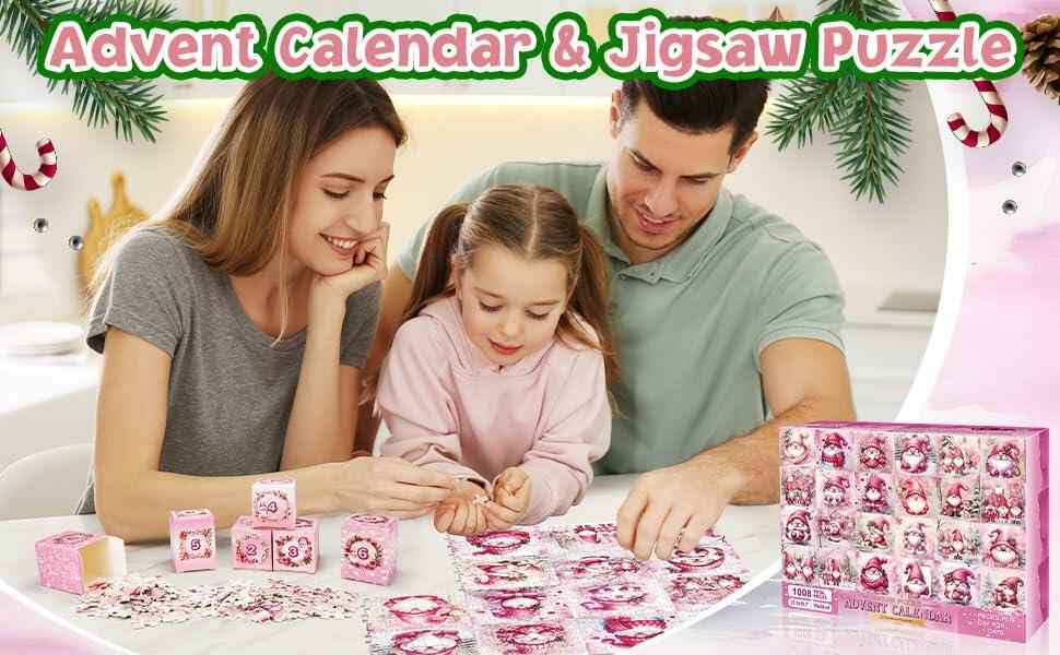 1008 Pc Pink Gnome Advent Calendar Puzzle 2025 24-Day Countdown