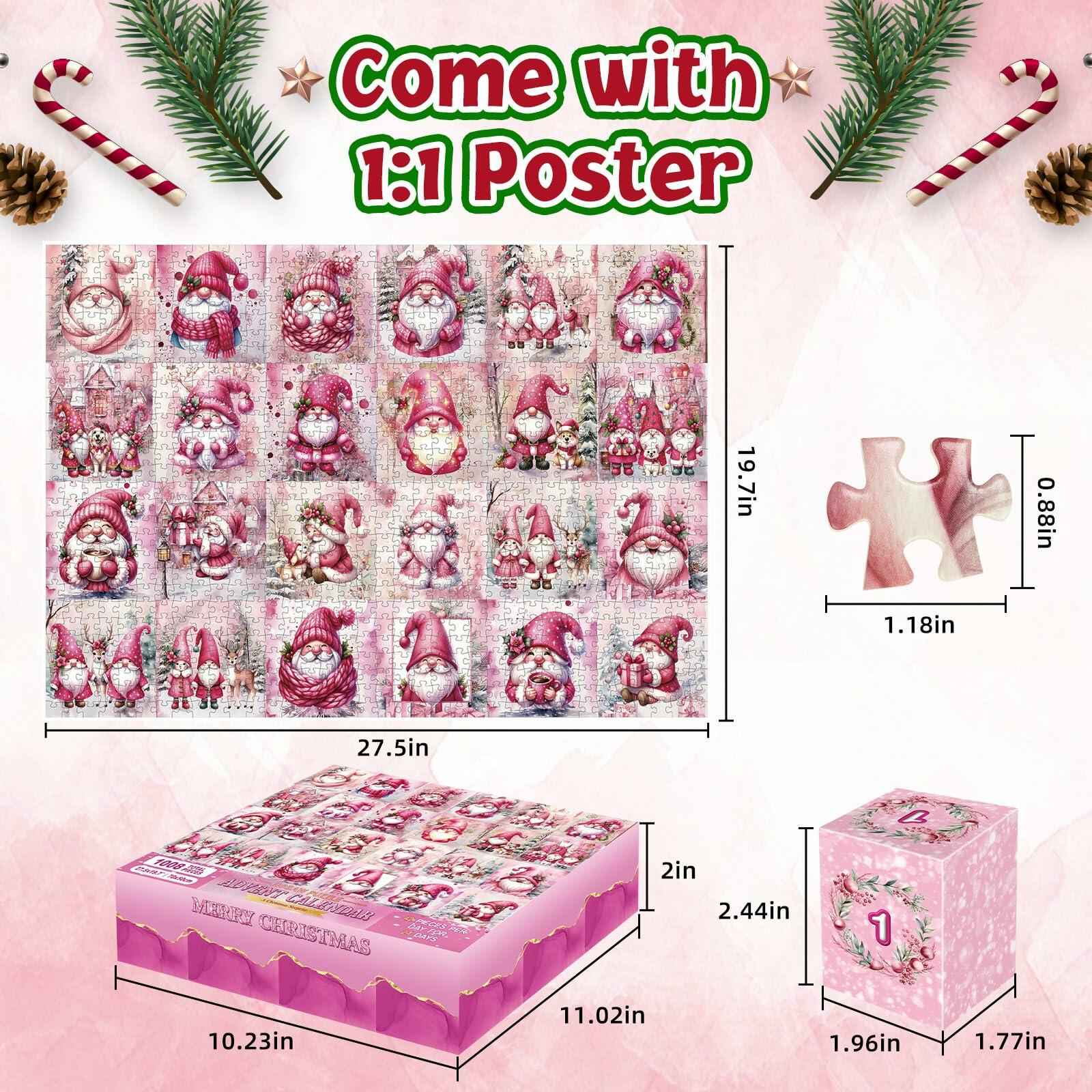 1008 Pc Pink Gnome Advent Calendar Puzzle 2025 24-Day Countdown