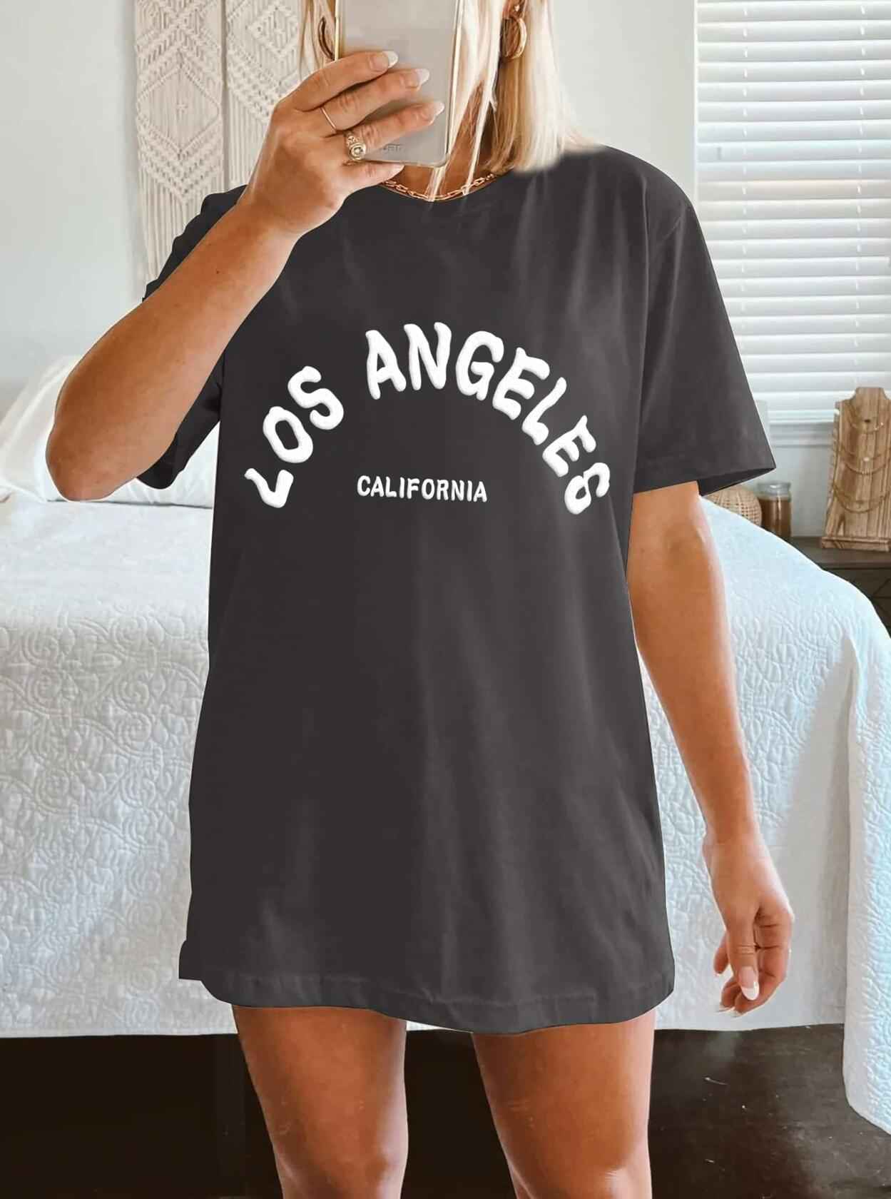 CSDAJIO Vintage Oversized Graphic Tee Women LA Puff Print Grey Size XL