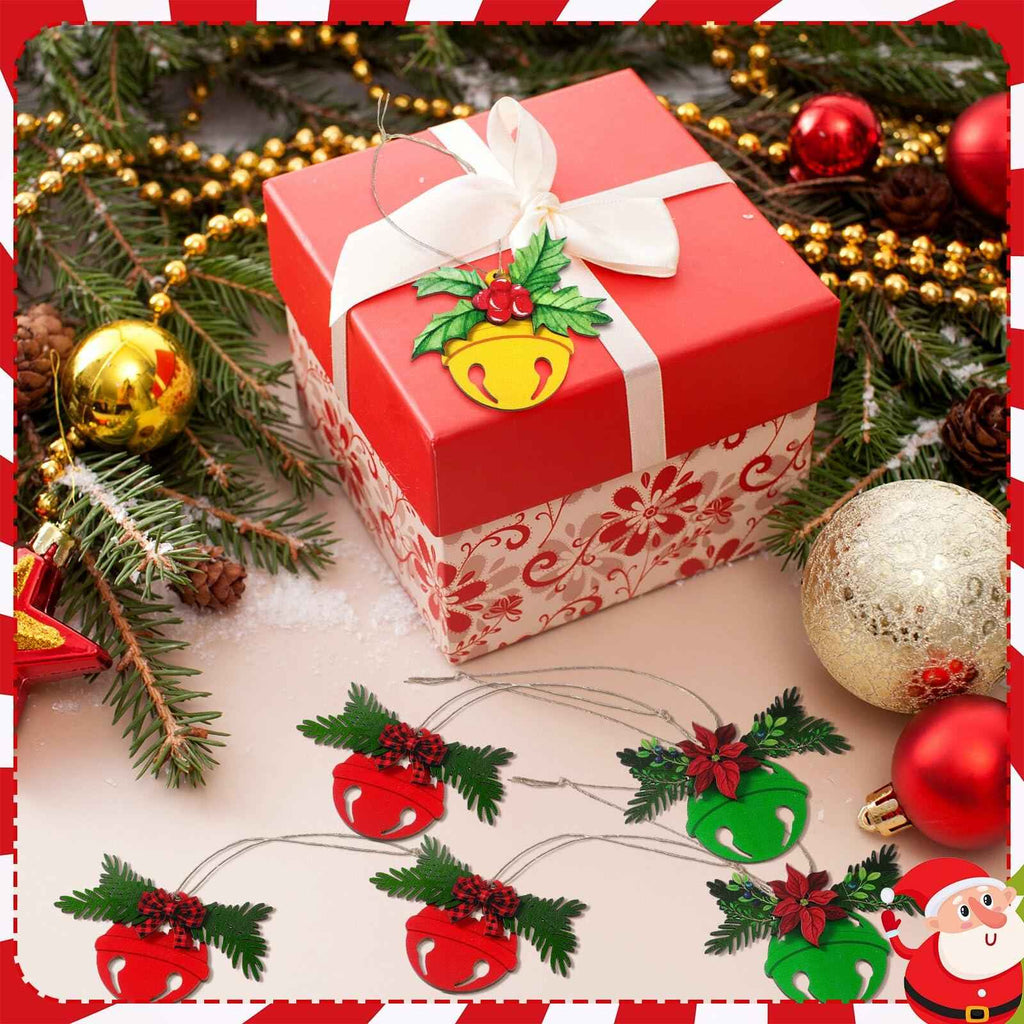 12 Pcs 3D Wooden Christmas Jingle Bell Ornaments Buffalo Plaid Bow