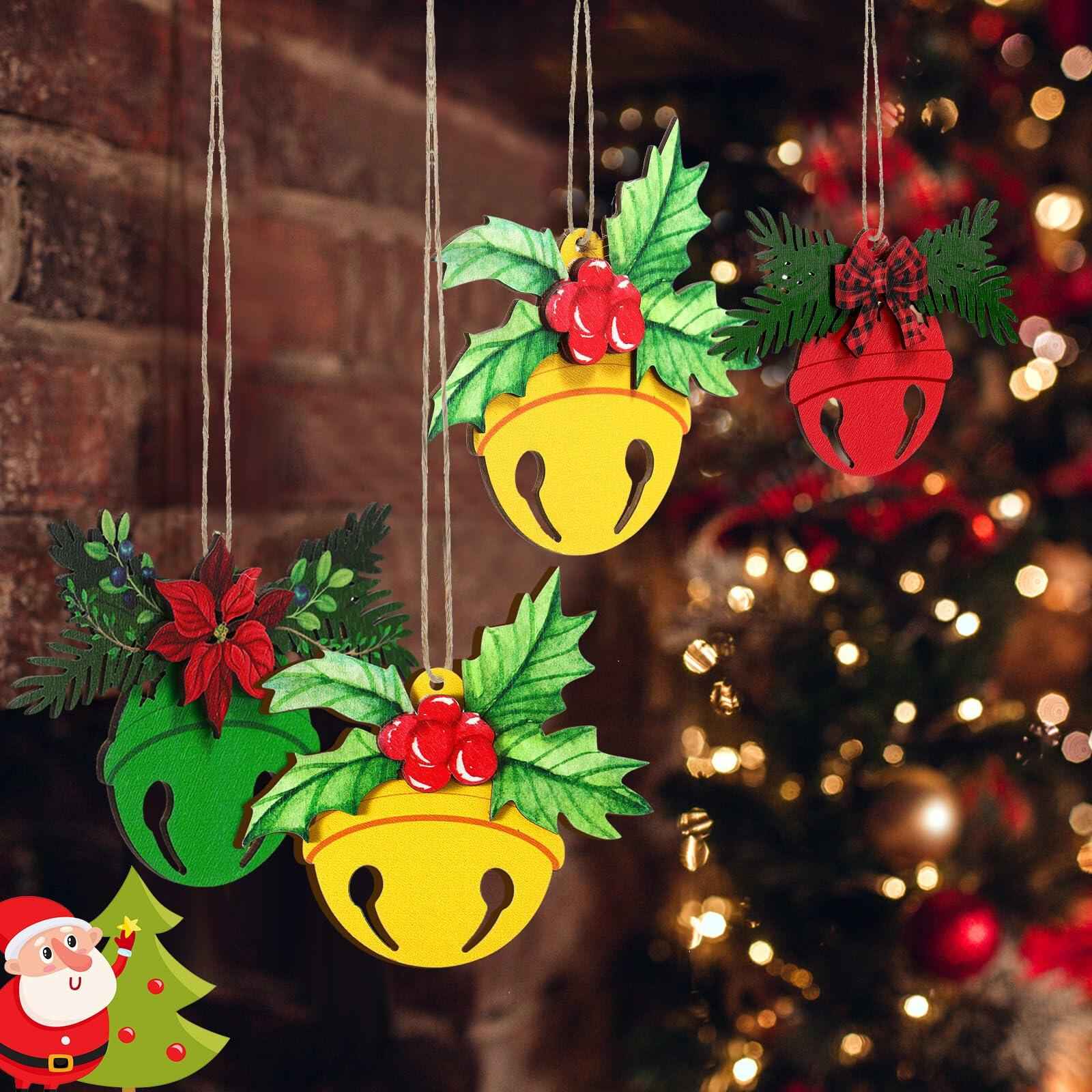 12 Pcs 3D Wooden Christmas Jingle Bell Ornaments Buffalo Plaid Bow