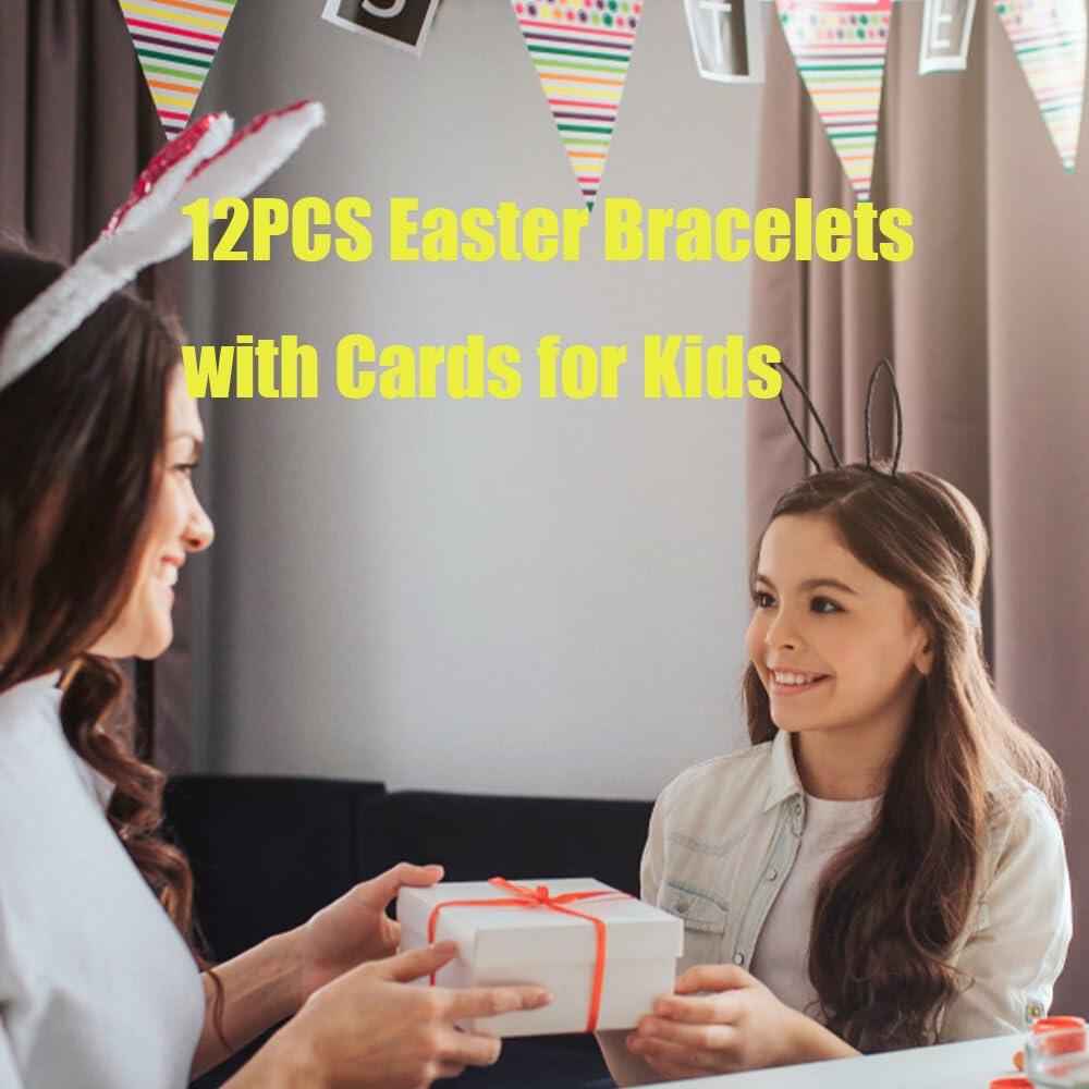 12PCS Easter Bunny Bracelets with Cards Basket Stuffers Eggs Fillers