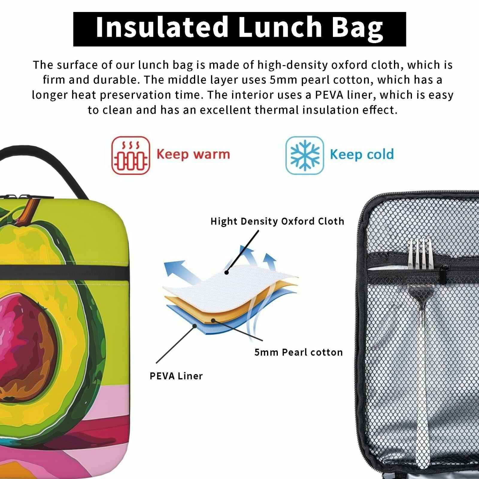 cromcu Avocado Insulated Lunch Box Pink Reusable Cooler 1.37L Polyester