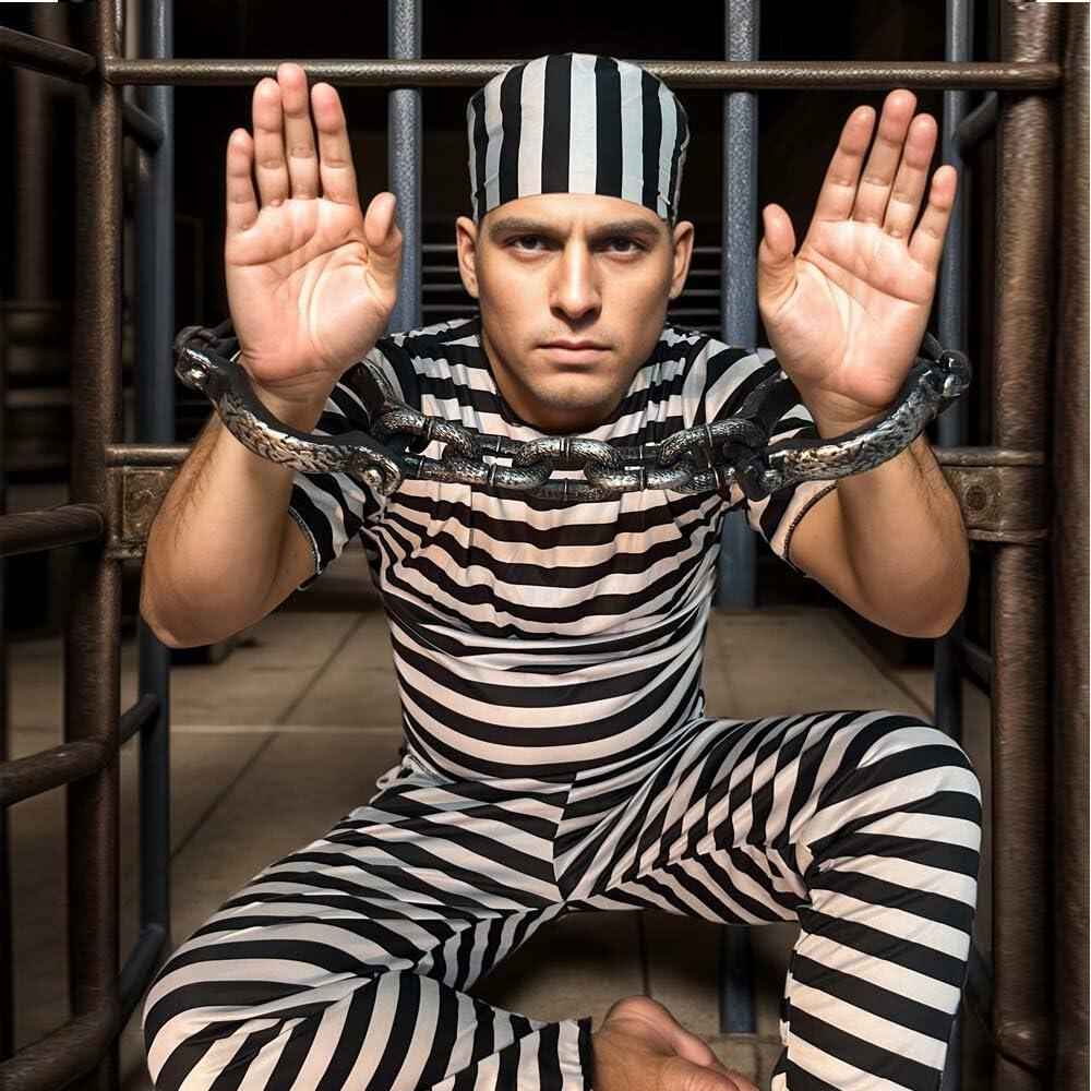 Cossneer Halloween Prisoner Costume Adult Striped Outfit with Chains One Size