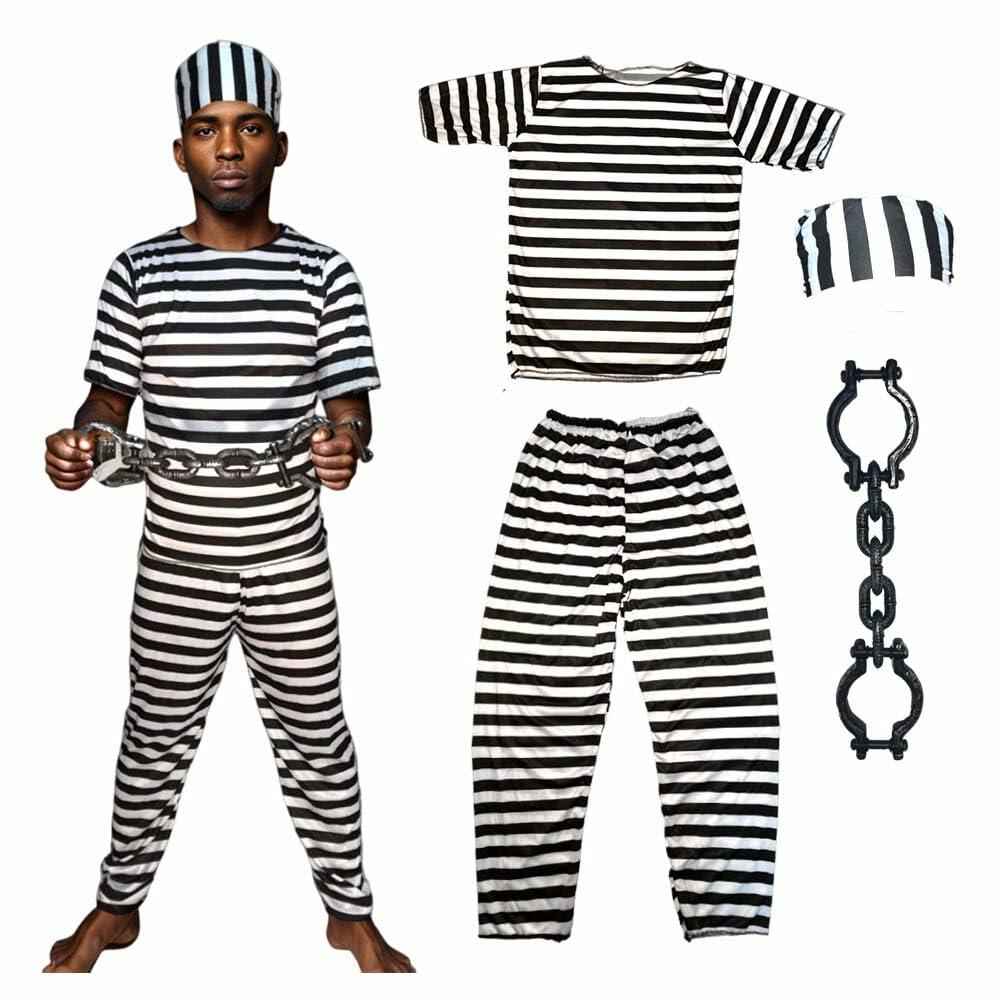 Cossneer Halloween Prisoner Costume Adult Striped Outfit with Chains One Size