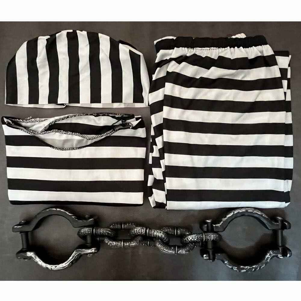 Cossneer Halloween Prisoner Costume Adult Striped Outfit with Chains One Size