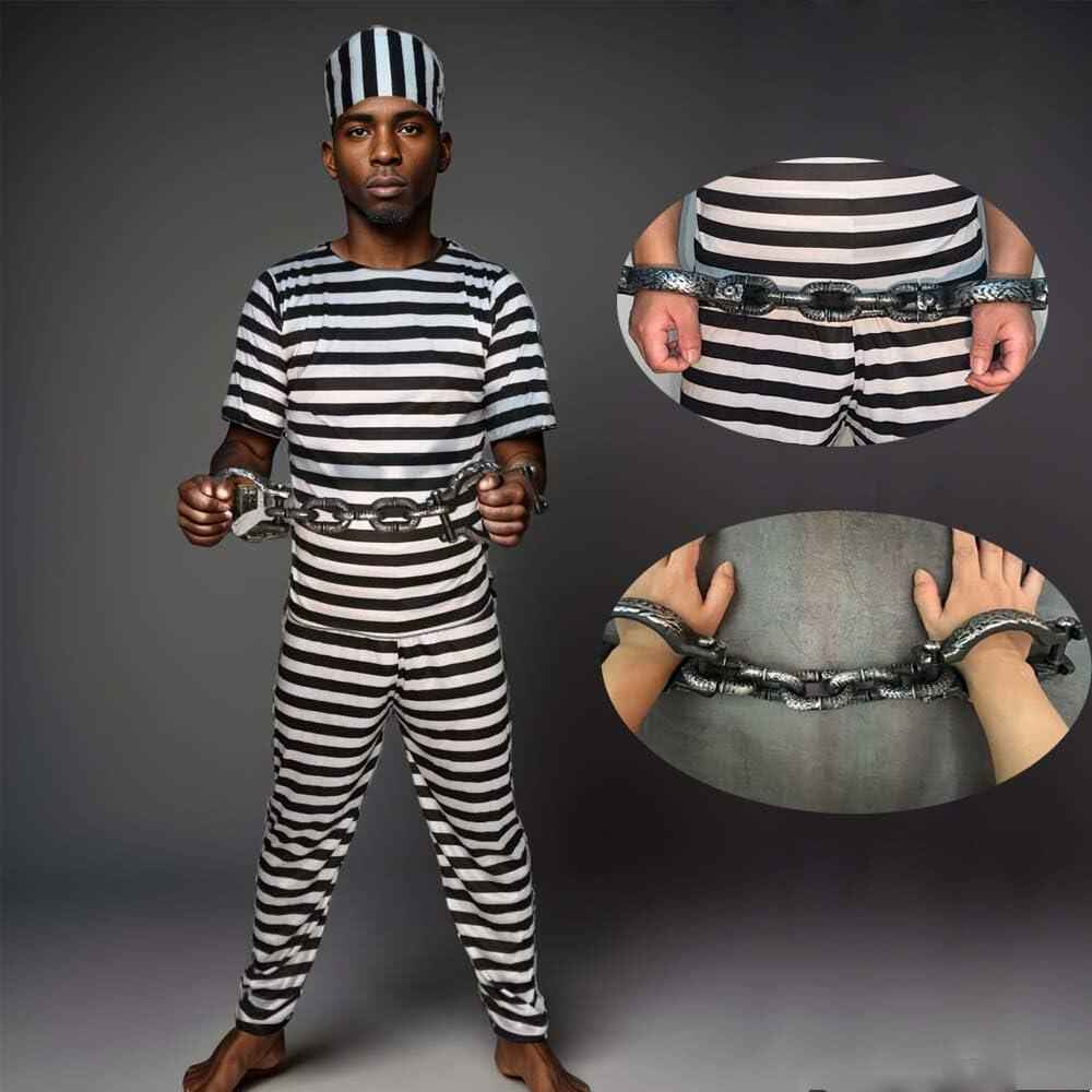 Cossneer Halloween Prisoner Costume Adult Striped Outfit with Chains One Size