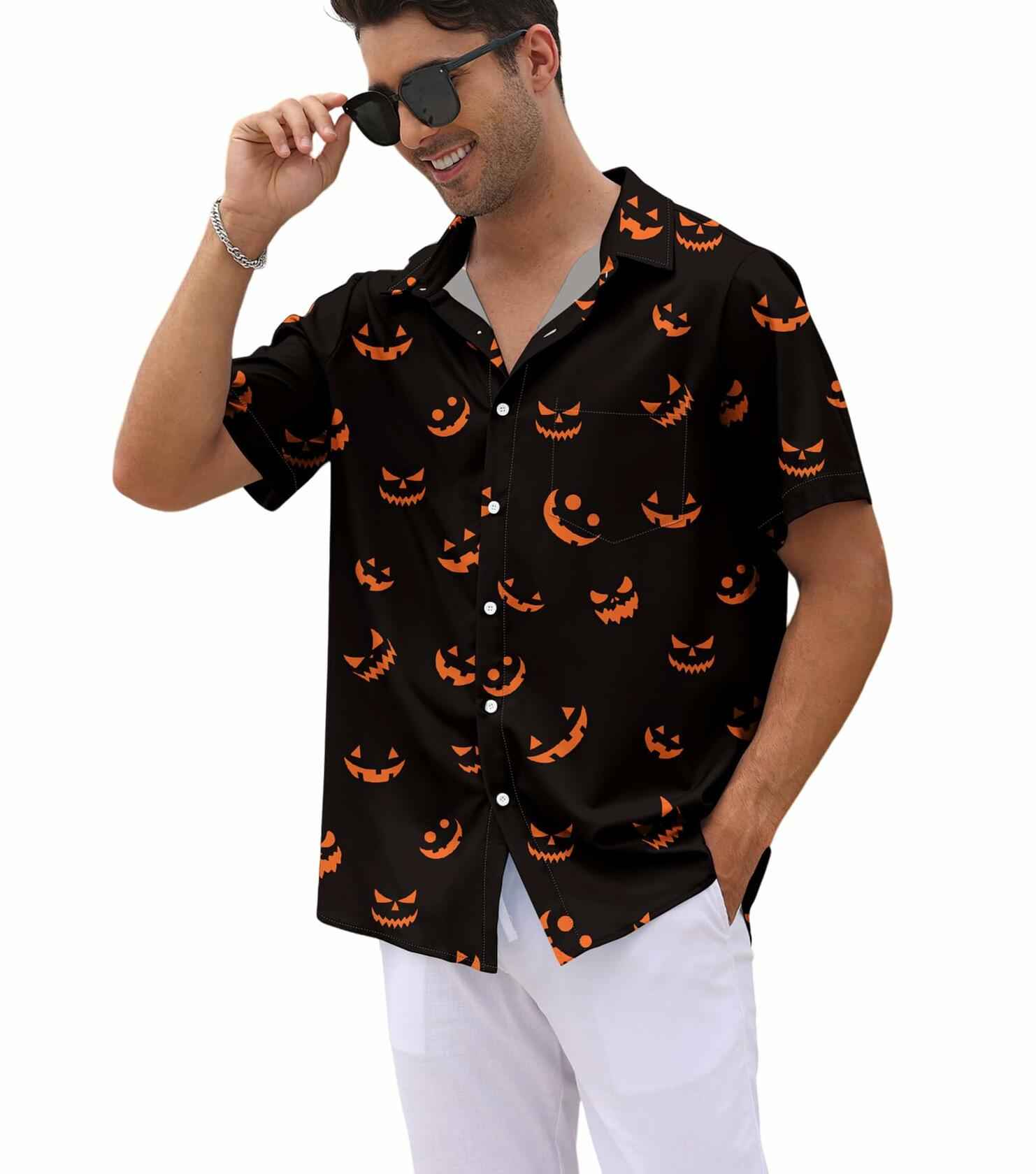 whoinshop Men Halloween Cartoon Button Up Shirt Short Sleeve Smiling Face L