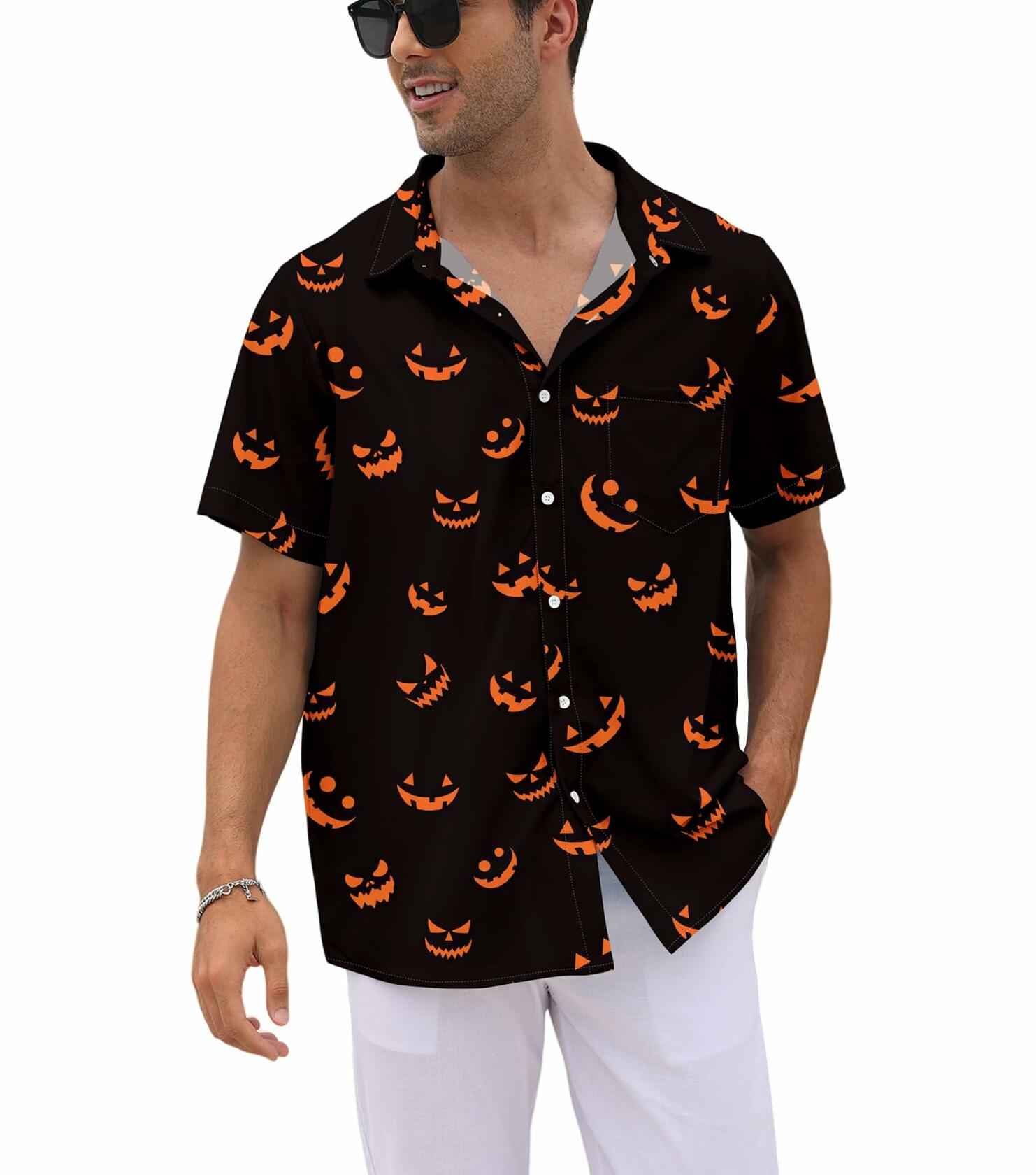 whoinshop Men Halloween Cartoon Button Up Shirt Short Sleeve Smiling Face L