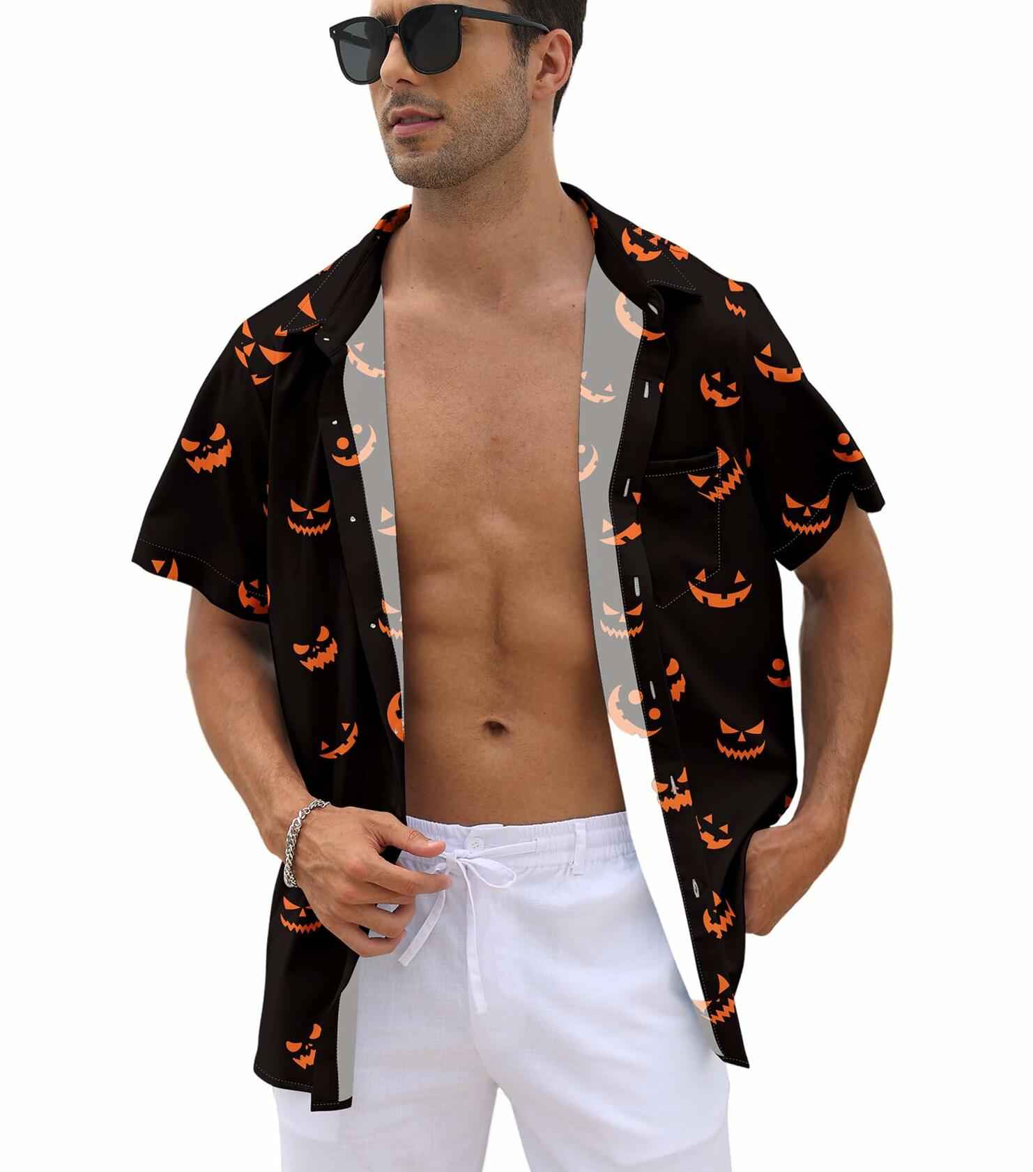 whoinshop Men Halloween Cartoon Button Up Shirt Short Sleeve Smiling Face L