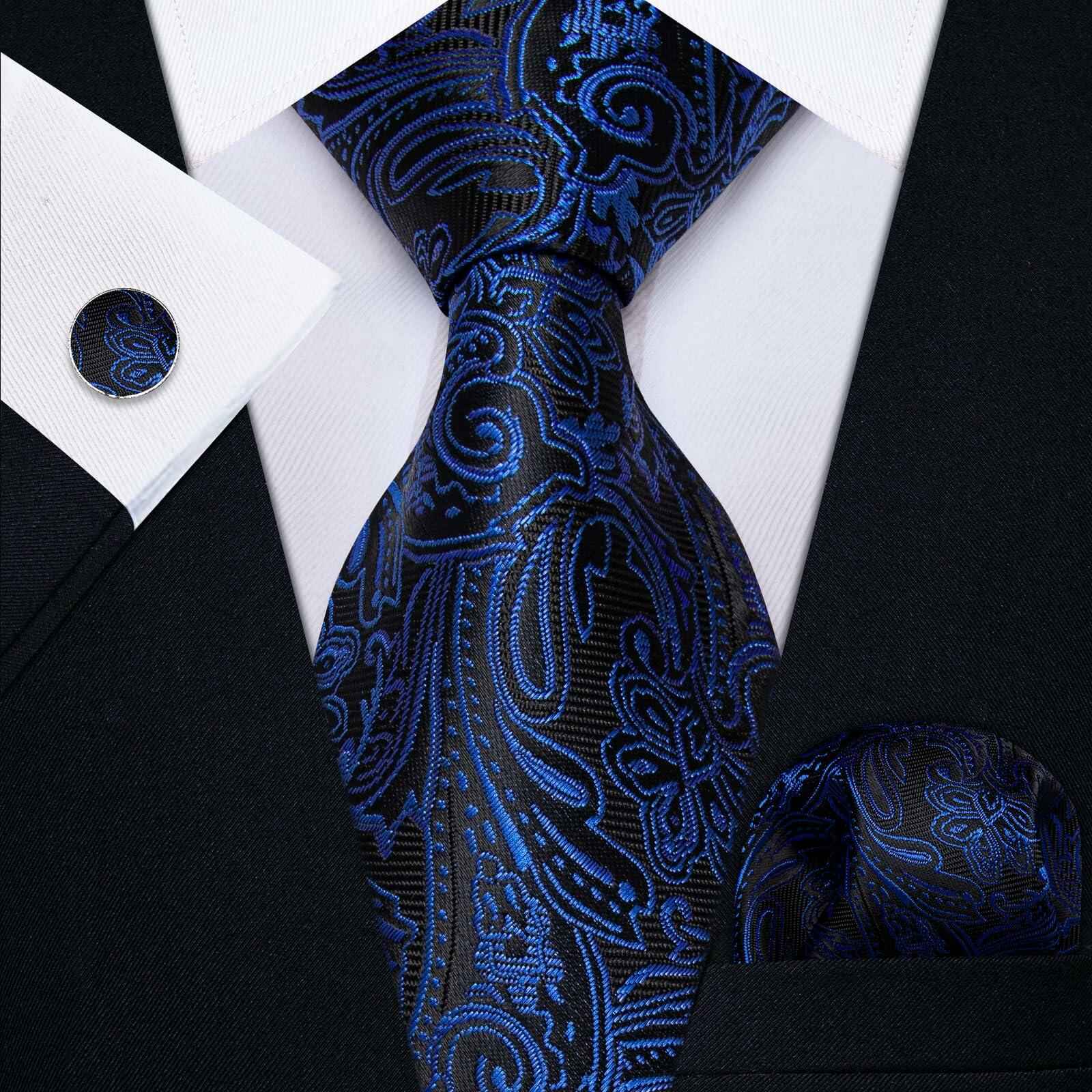 YourTies Mens Blue Silk Paisley Tie Set Necktie Pocket Square Clip Cufflinks