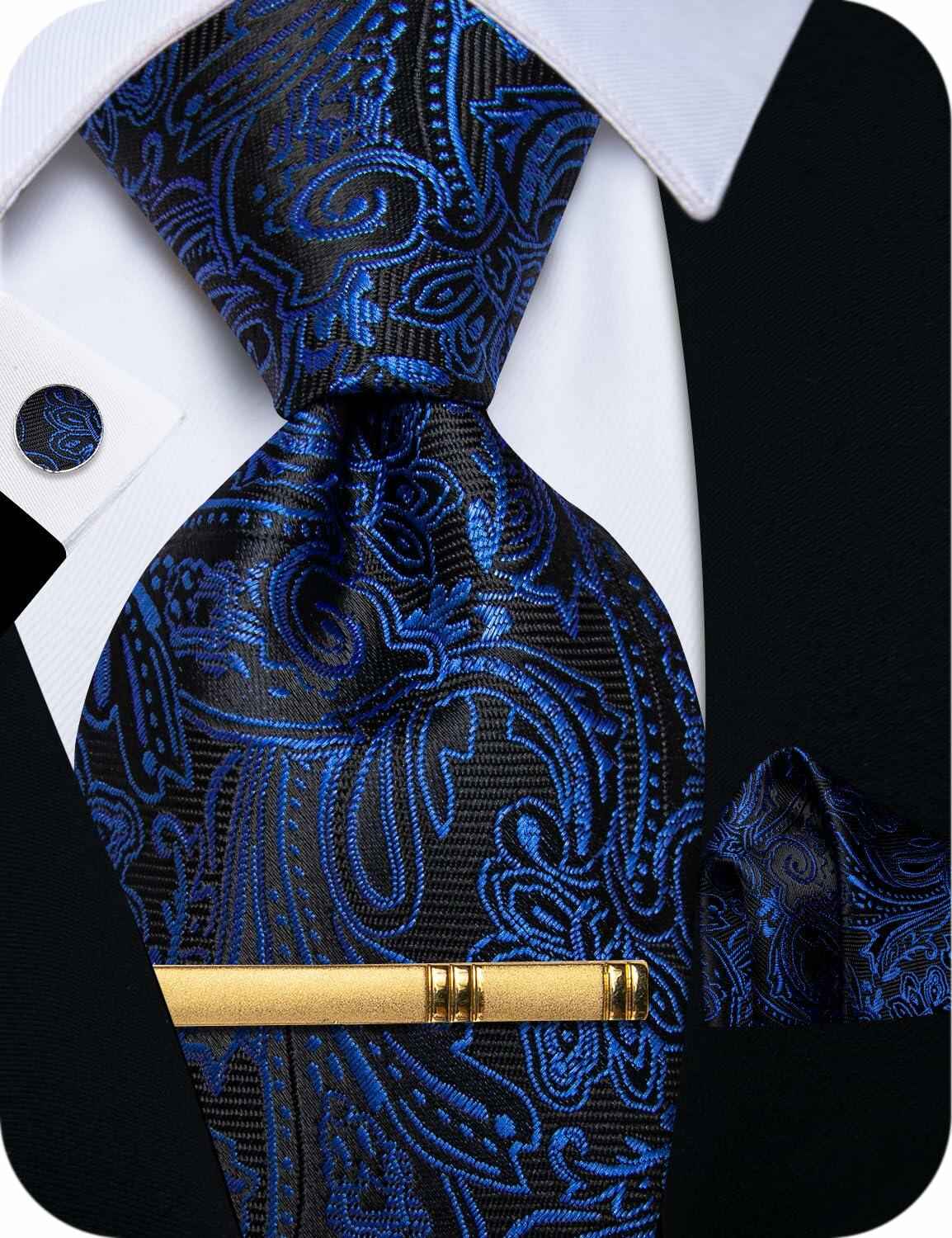 YourTies Mens Blue Silk Paisley Tie Set Necktie Pocket Square Clip Cufflinks
