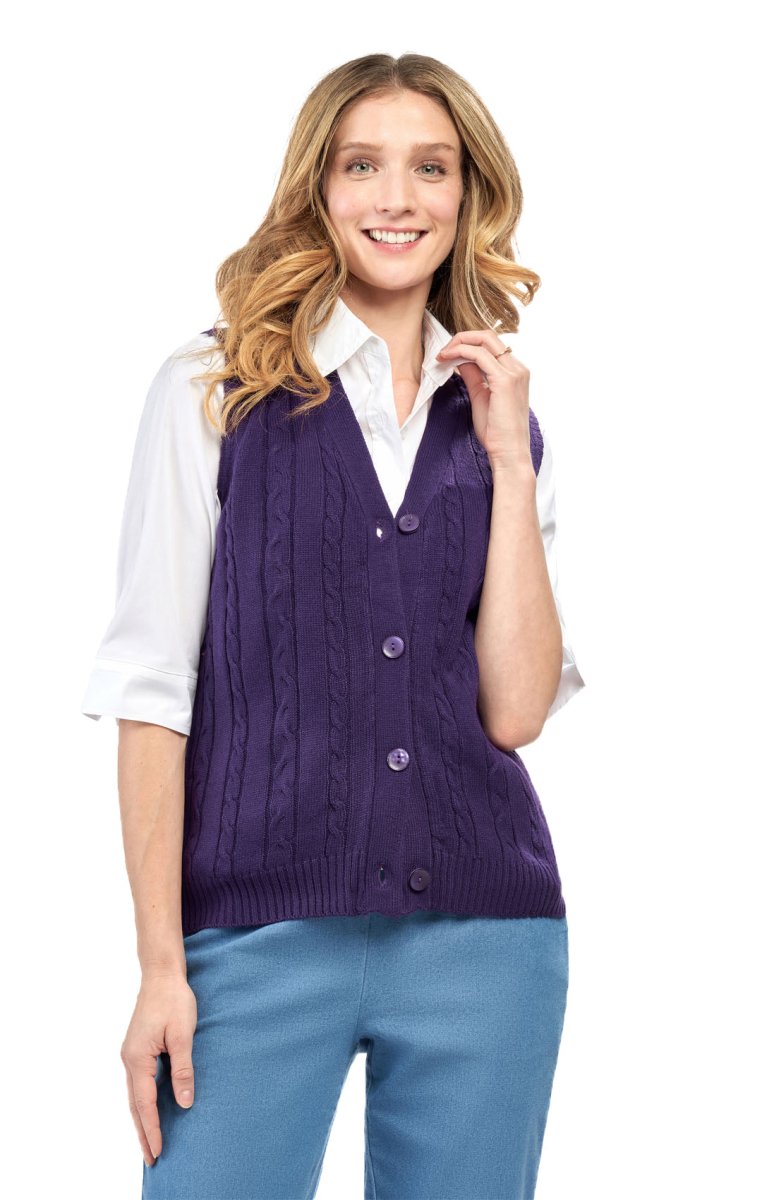 Womens Button Front Cable Knit Cardigan Sweater Vest - Codex AI