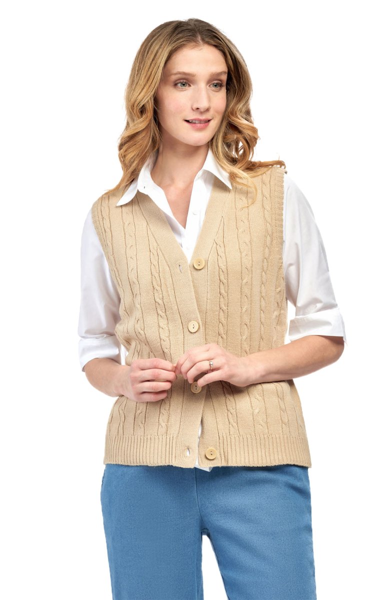 Womens Button Front Cable Knit Cardigan Sweater Vest - Codex AI