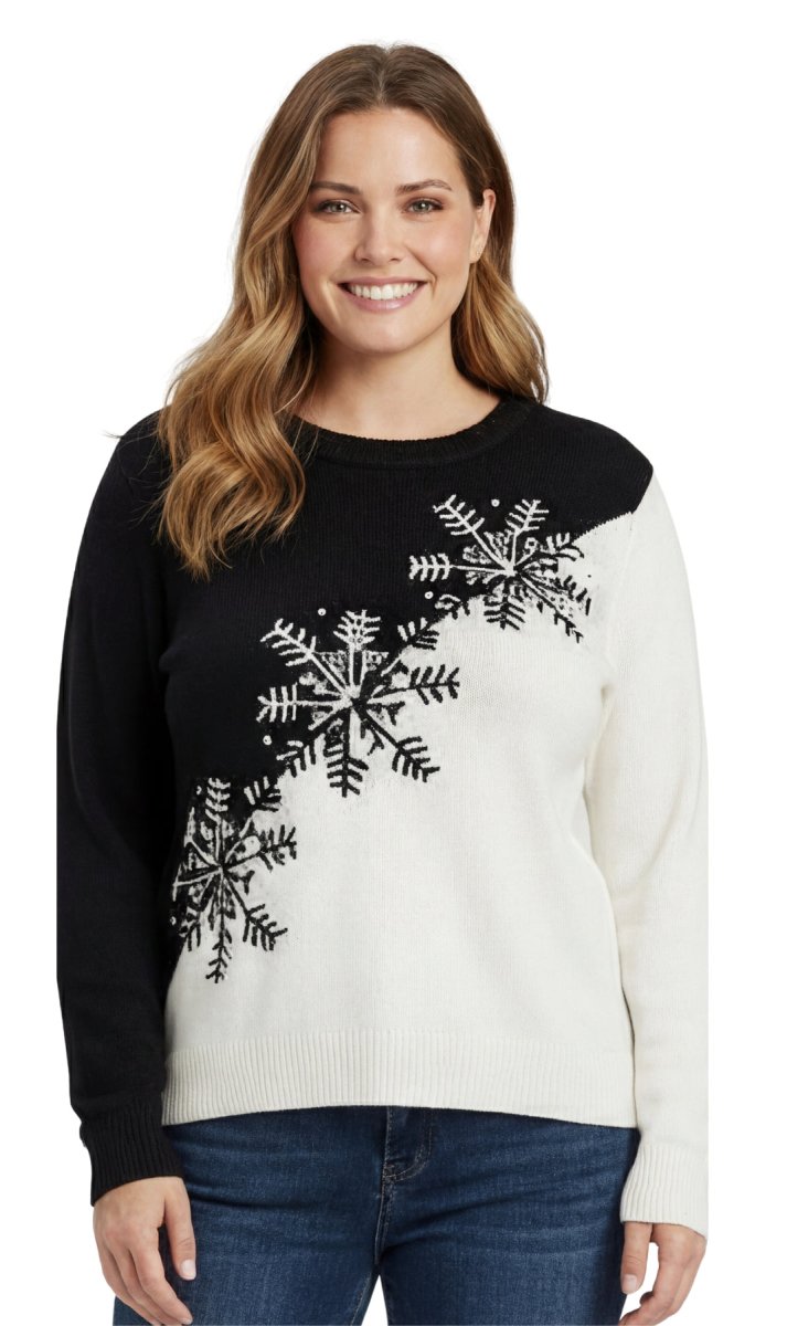 Women's Cozy Long Sleeves Snowflake - Decorated Color Block Holiday Crewneck Sweater - Classy Christmas Pullover in 100% Soft Durable Acrylic - Codex AI