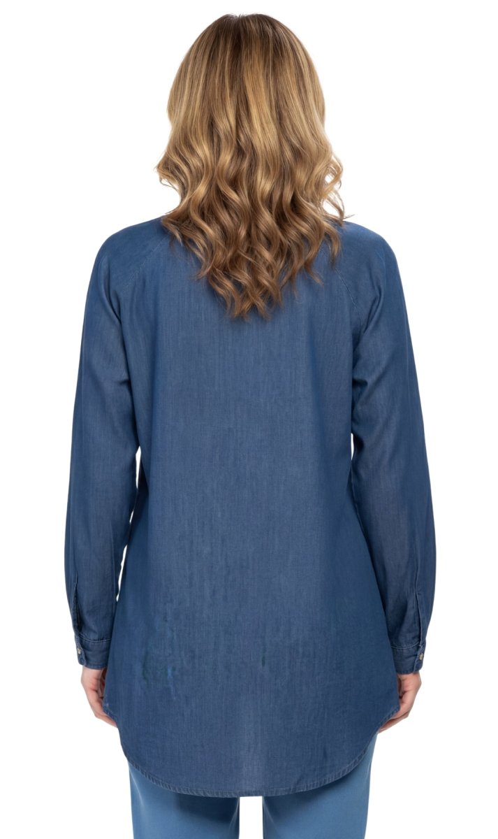 Women's Denim Pintuck Button - Front Tunic Top - Codex AI