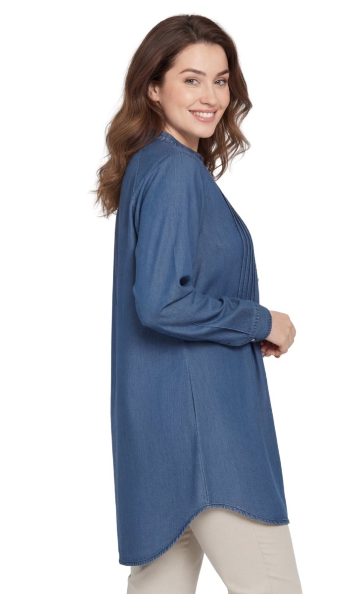 Women's Denim Pintuck Button - Front Tunic Top - Codex AI