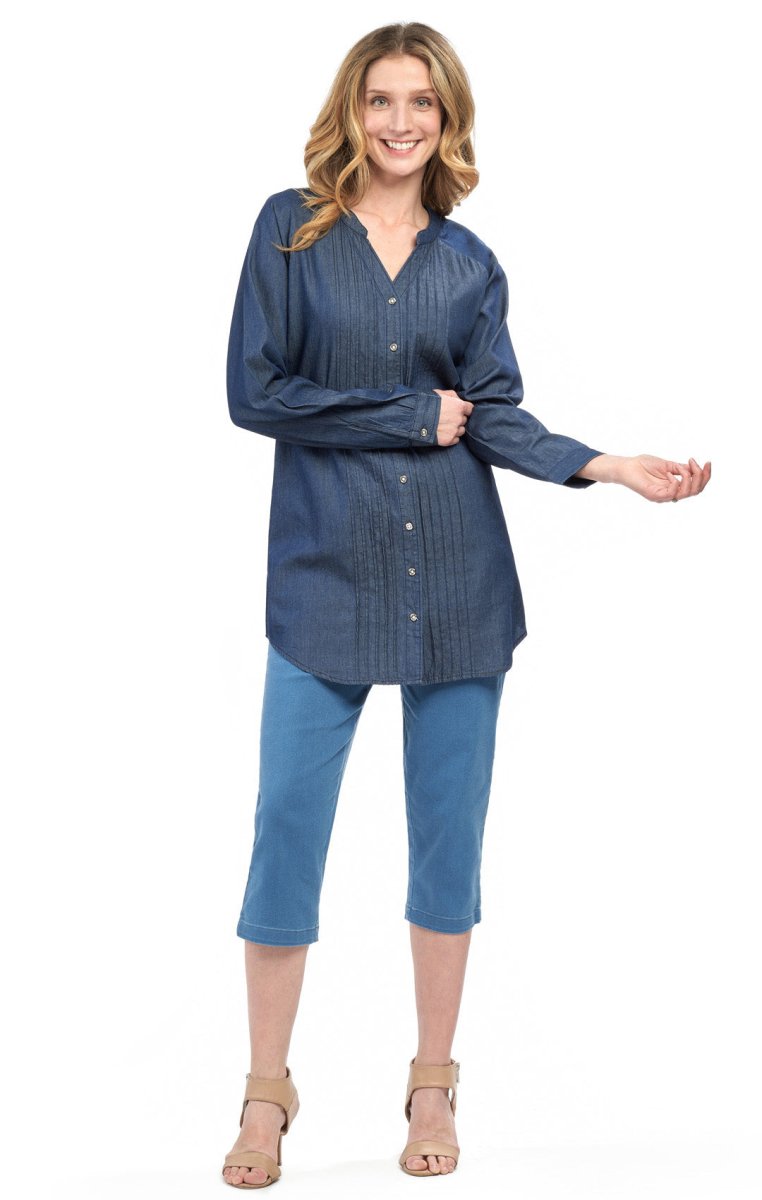 Women's Denim Pintuck Button - Front Tunic Top - Codex AI