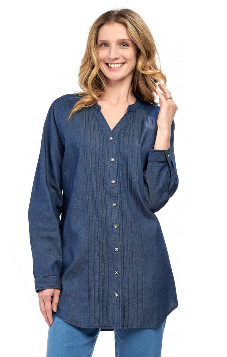 Women's Denim Pintuck Button - Front Tunic Top - Codex AI